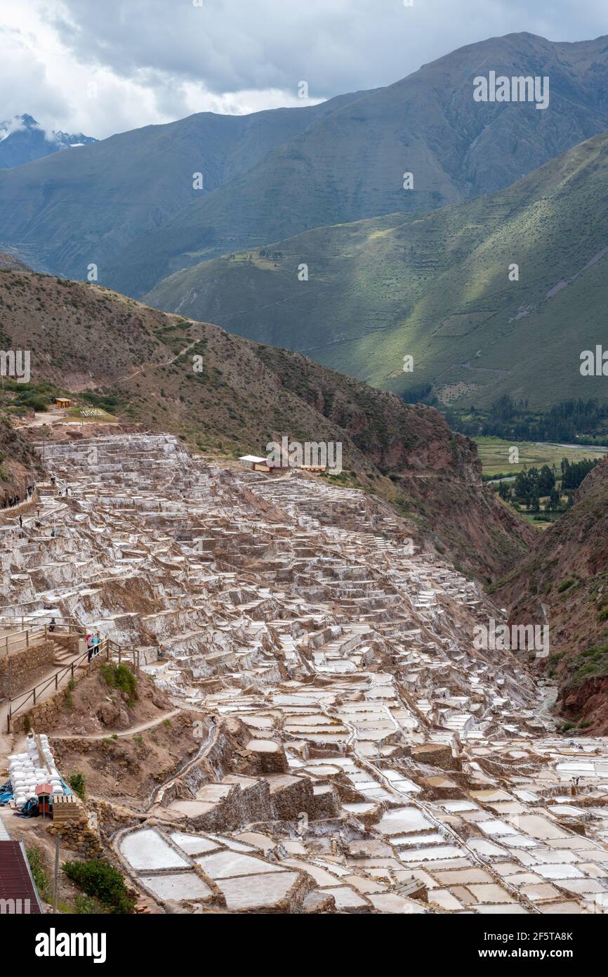 Il campo di sale di Maras, situato vicino Urubamba nella valle Santa, esisteva prima dell'Impero Inca ed è ancora in uso oggi. Foto Stock