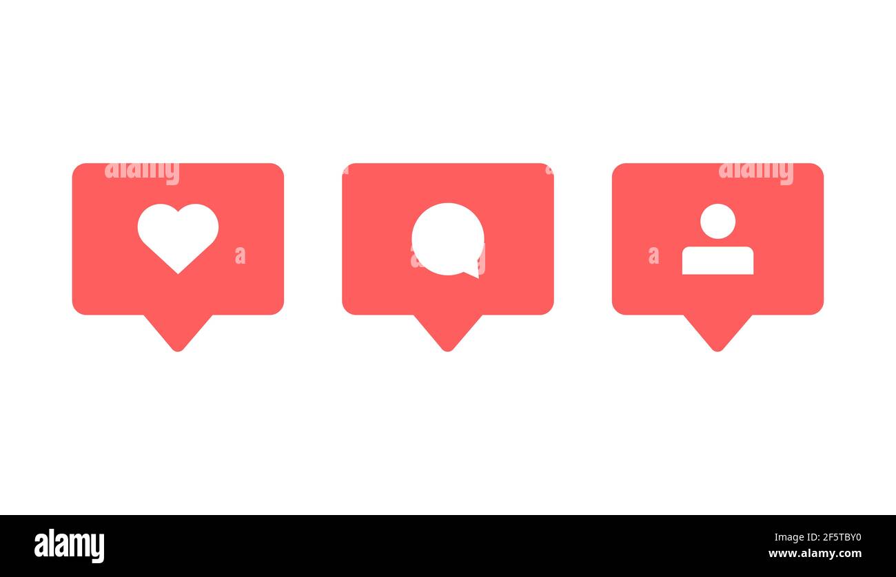 Segui come commento icona dei social media. Pulsante rosso di notifica. Bolla moderna piatta vettoriale. Illustrazione Vettoriale