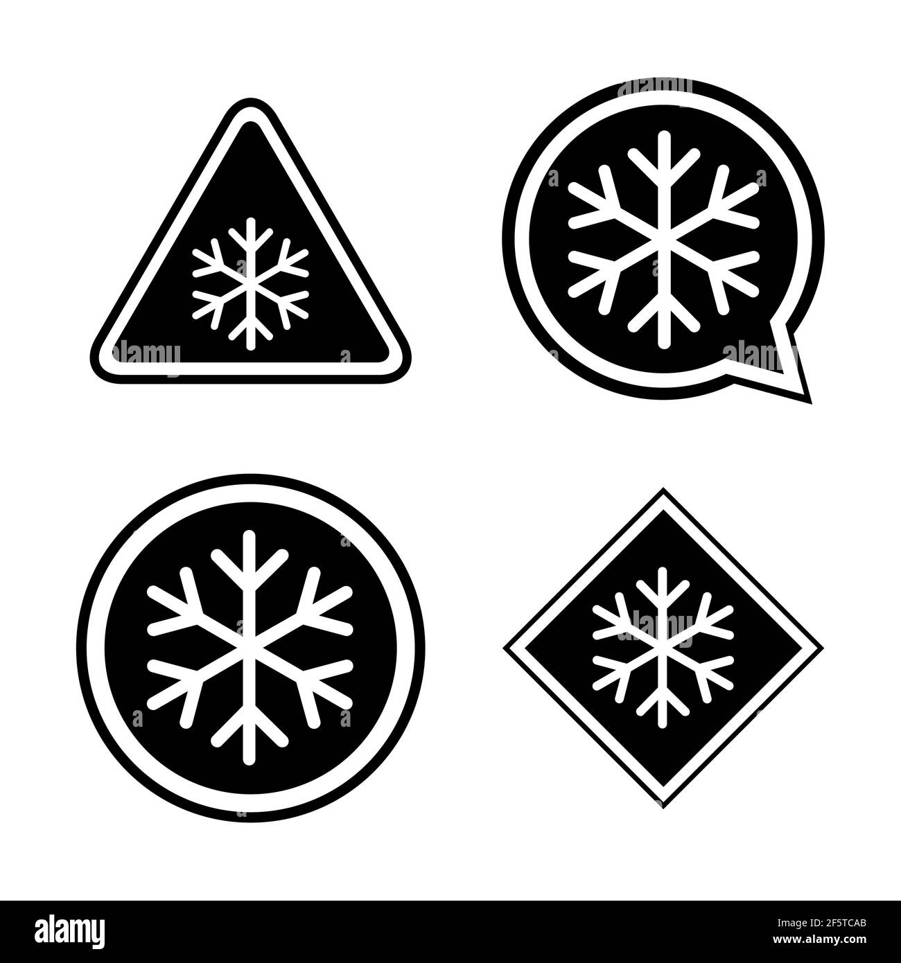 Set di icona neve inverno, simbolo di pericolo ghiaccio fiocchi, illustrazione vettore di allarme rischio, simbolo di attenzione . Illustrazione Vettoriale