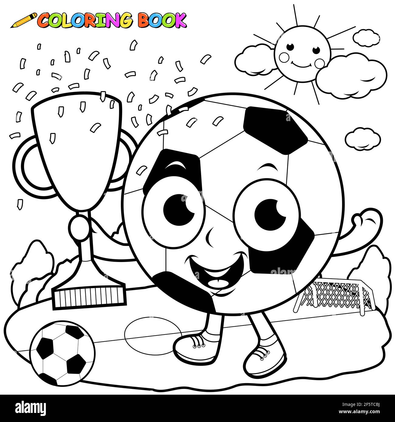 Champion cartoon pallone da calcio con un trofeo. Pagina da colorare in  bianco e nero Foto stock - Alamy