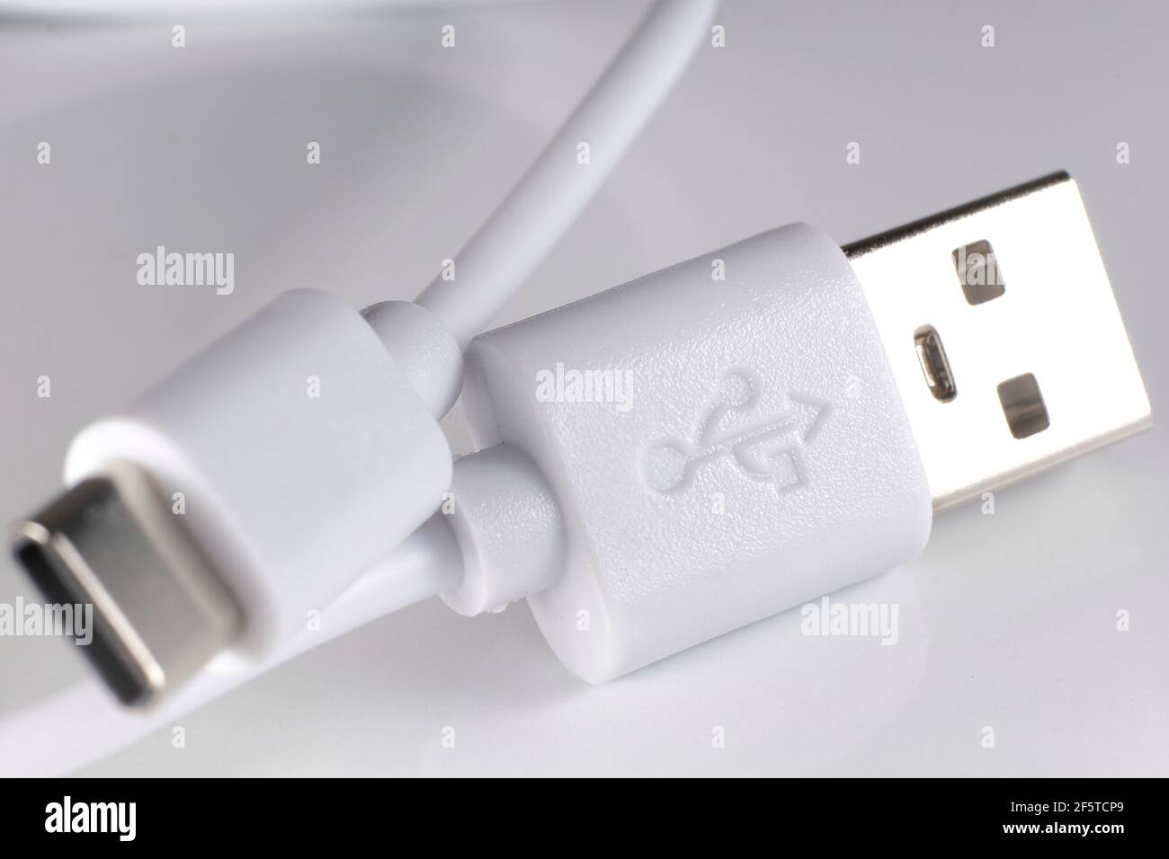 Particolare closeup di un cavo di tipo USB-C bianco su un sfondo bianco Foto Stock