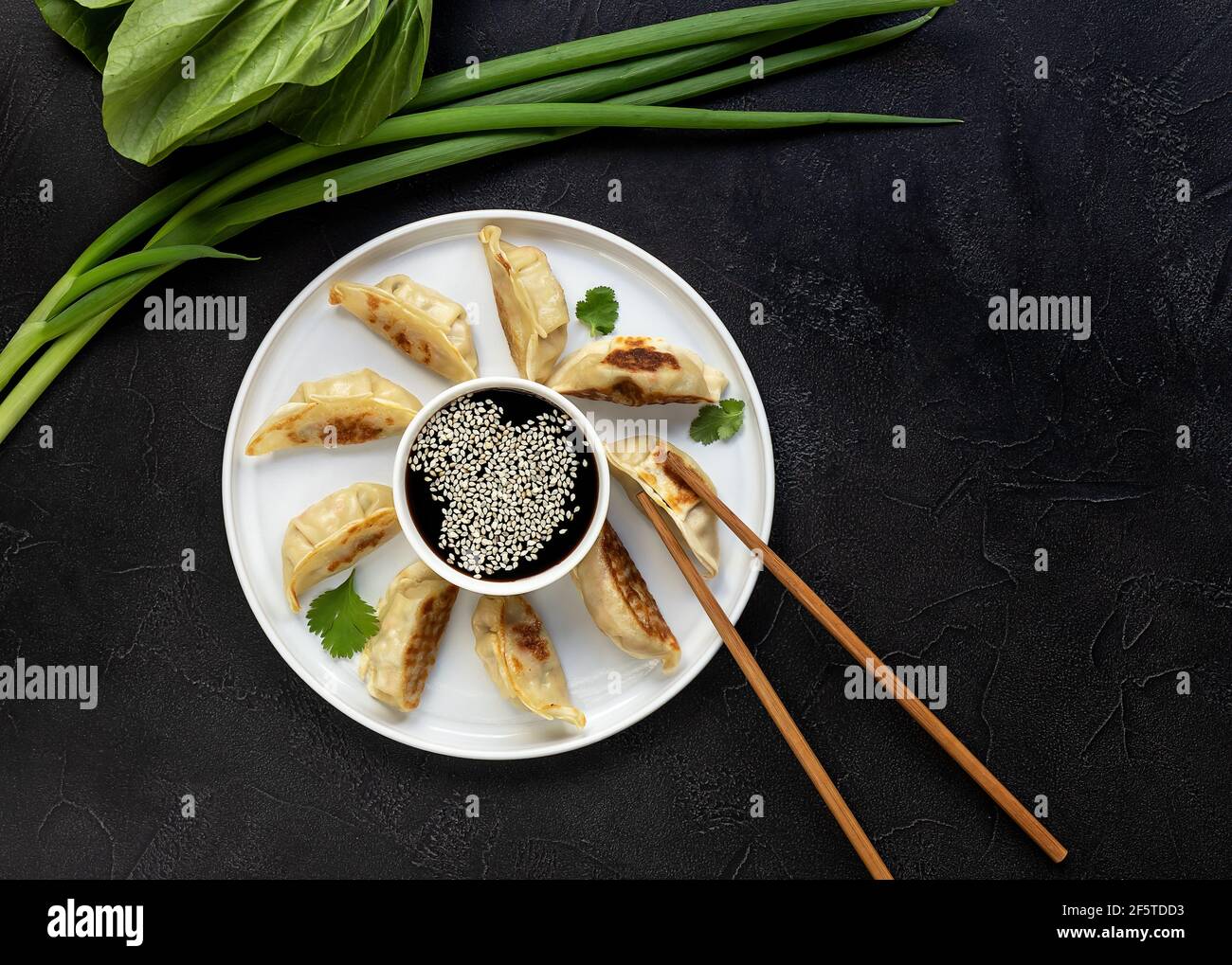 Gyoza fritto con salsa di soia, e bastoncini, vista dall'alto. Foto Stock
