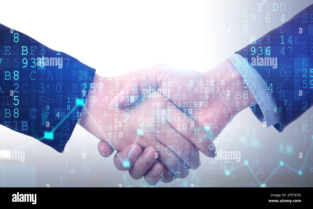 Uomini d'affari e donna d'affari che scuotono le mani. Concetto di partnership. Immagine a doppia esposizione. Foto Stock
