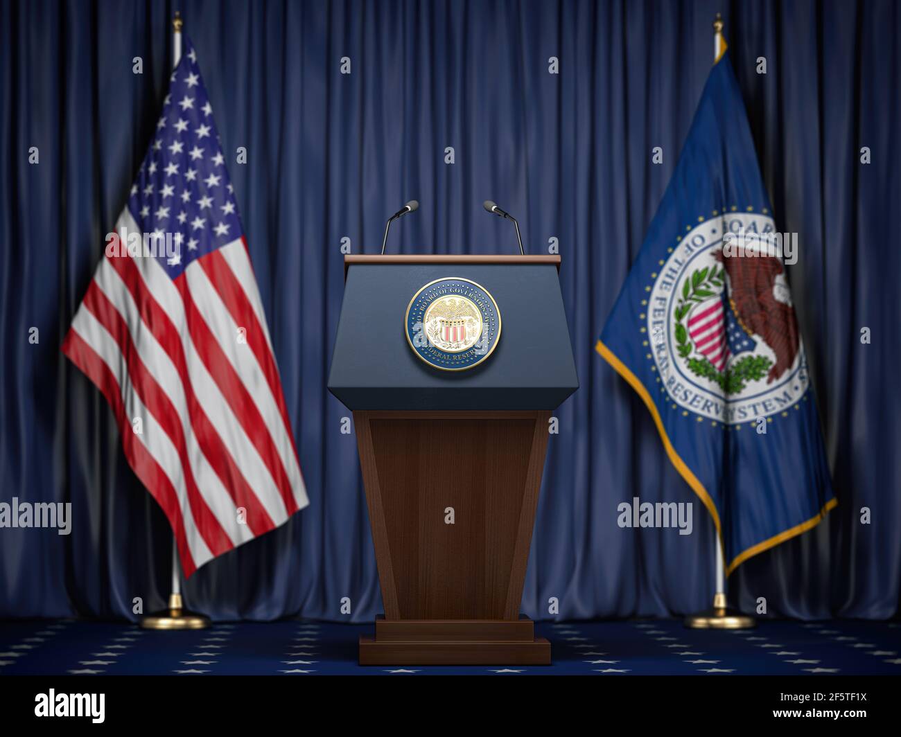 Federal Reserve System Fed of USA presidente conferenza stampa concetto. Tribune con simbolo e bandiera di FRS e Stati Uniti. illustrazione 3d Foto Stock