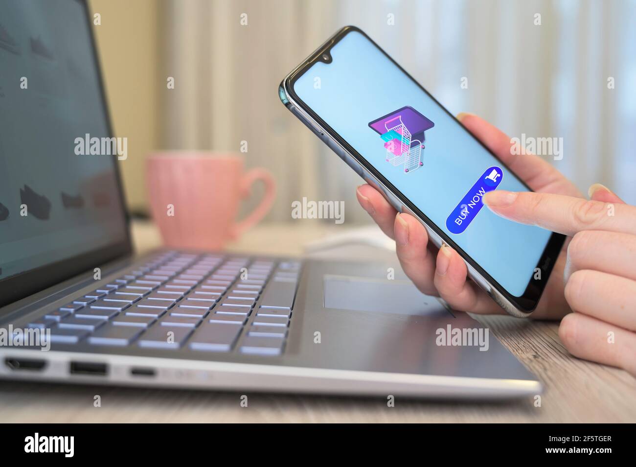 Le mani femminili tengono un telefono e fanno un acquisto in linea. Concetto di shopping online. Donna che utilizza uno smartphone per lo shopping online. Foto Stock