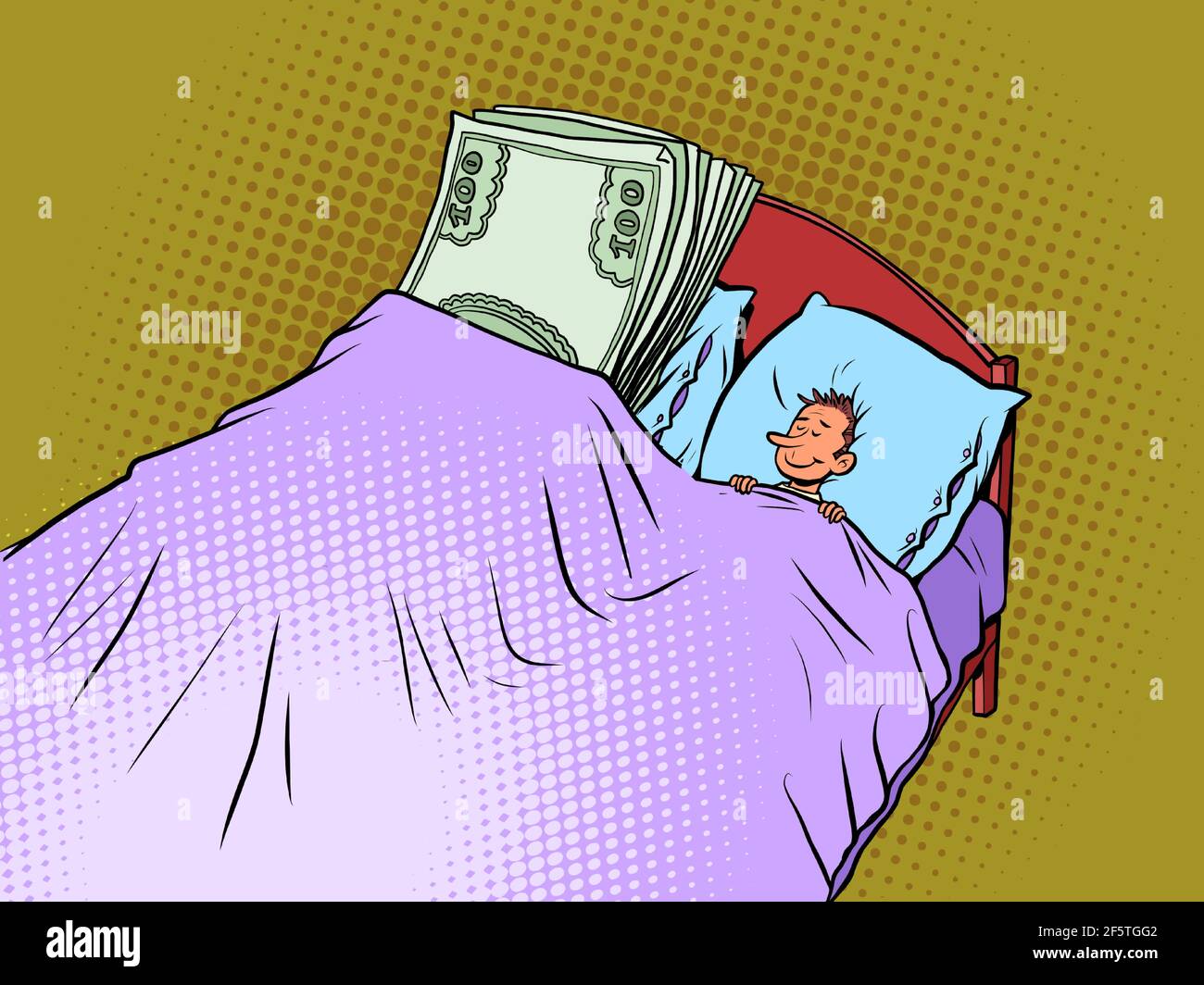Un uomo dorme con soldi nel suo letto. Affari e Finanza Illustrazione Vettoriale