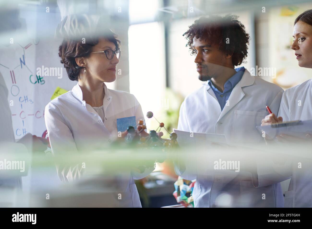 I giovani colleghi ascoltano i legami chimici spiegati su un modello in un'atmosfera di lavoro nel laboratorio universitario. Scienza, chimica, laboratorio, pe Foto Stock