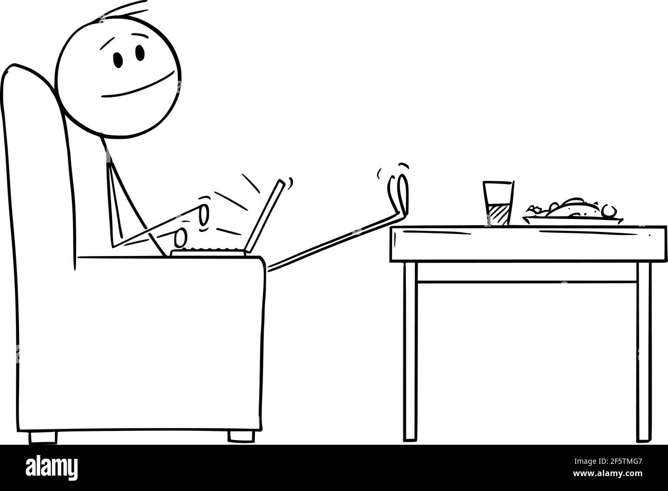 Happy Man o imprenditore che lavora a casa su computer, Vector Cartoon Stick Figura Illustrazione Illustrazione Vettoriale