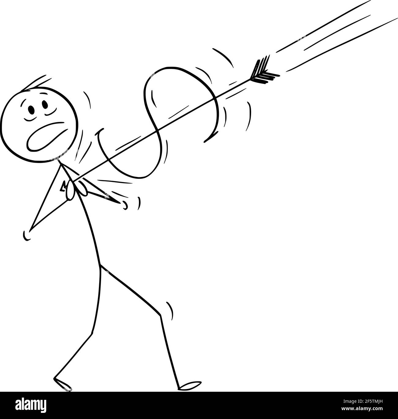 Freccia del dollaro ha colpito il cuore dell'uomo d'affari, problema di tasso di cambio, problema di mercato ed economia, illustrazione della figura del bastone del cartoon del vettore Illustrazione Vettoriale