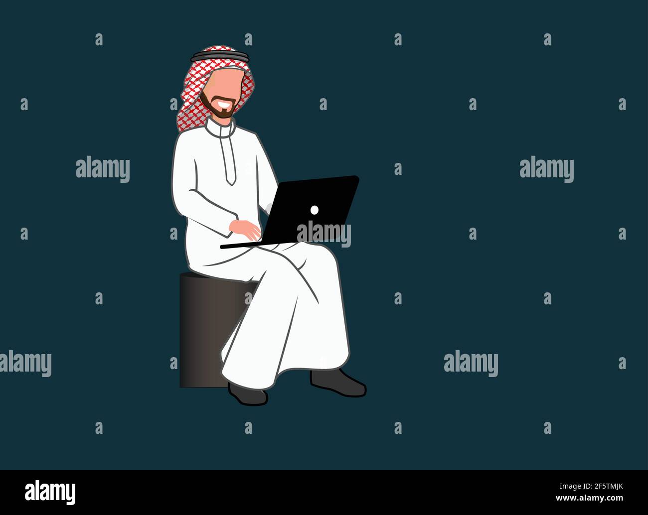 Un uomo Saudita seduto con un laptop e funzionante, UN uomo Saudita aziendale che lavora su un laptop Illustrazione Vettoriale