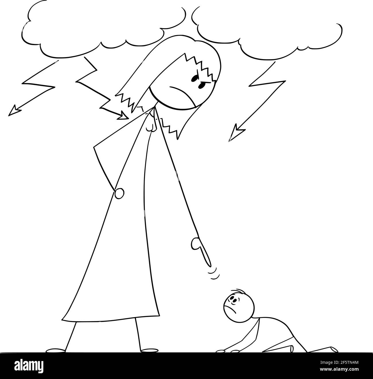Donna oppressing uomo usando il suo potere, figura del bastone di Cartoon del vettore Illustrazione Vettoriale