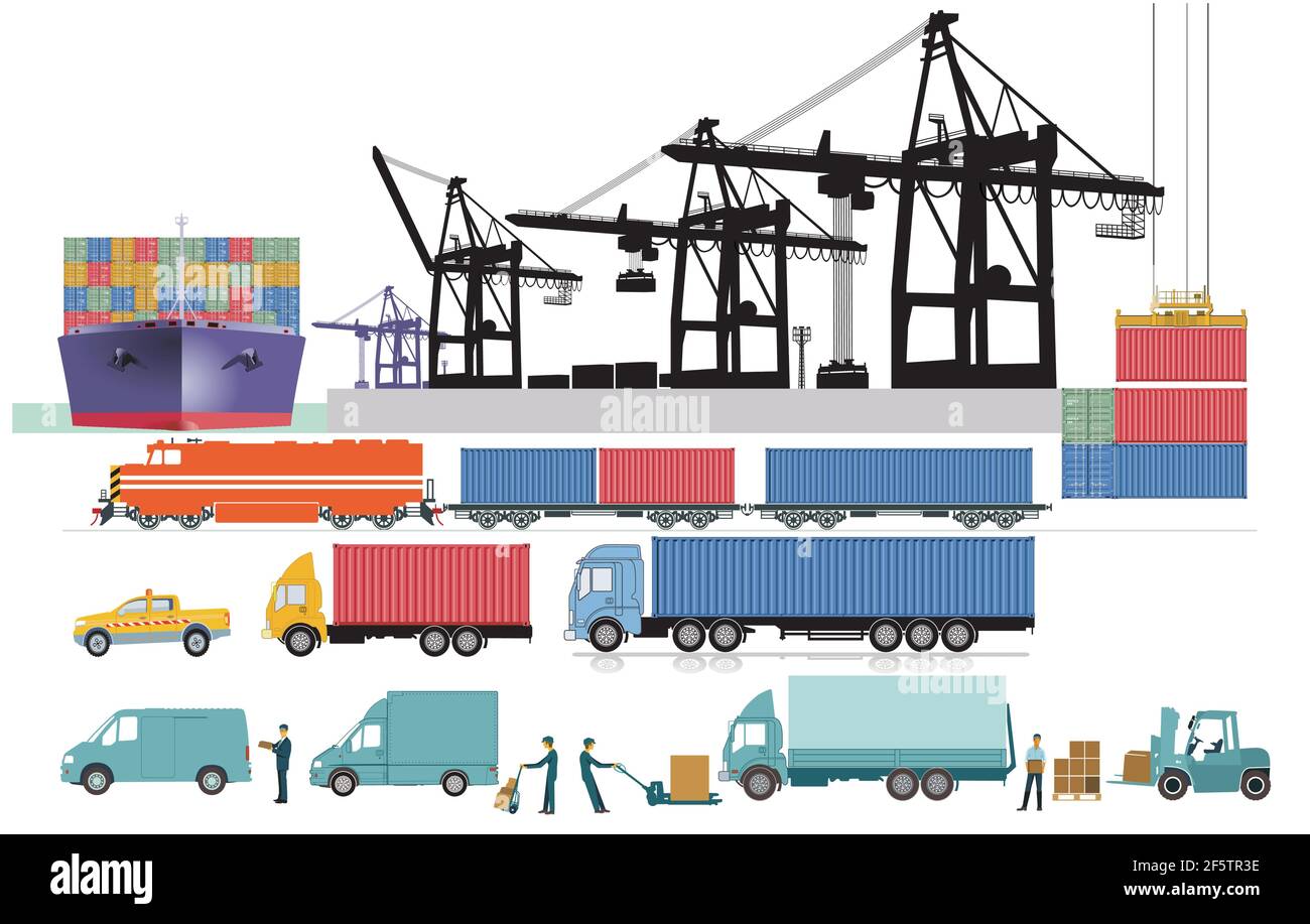 Gru per container, logistica e porto con nave container, spedizione camion e treno merci Illustrazione Vettoriale