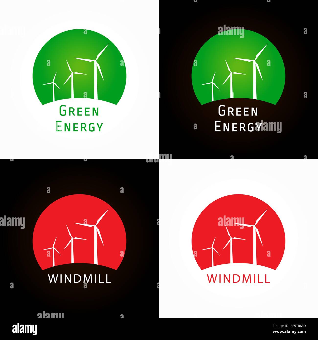 Logotipo di azienda di energia verde. Concetto di branding elettrico, ambientale, pulito, industriale. Mulini a vento, turbine al tramonto. Logo di branding isolato Illustrazione Vettoriale