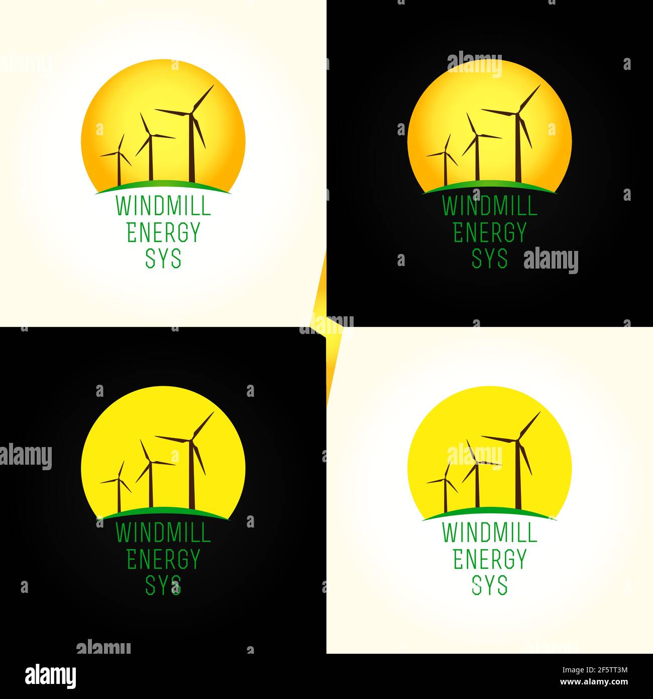 Logotipo del sistema di energia verde. Concetto di branding elettrico, ambientale, pulito, industriale. Mulini a vento, turbine al tramonto. Logo di branding isolato Illustrazione Vettoriale
