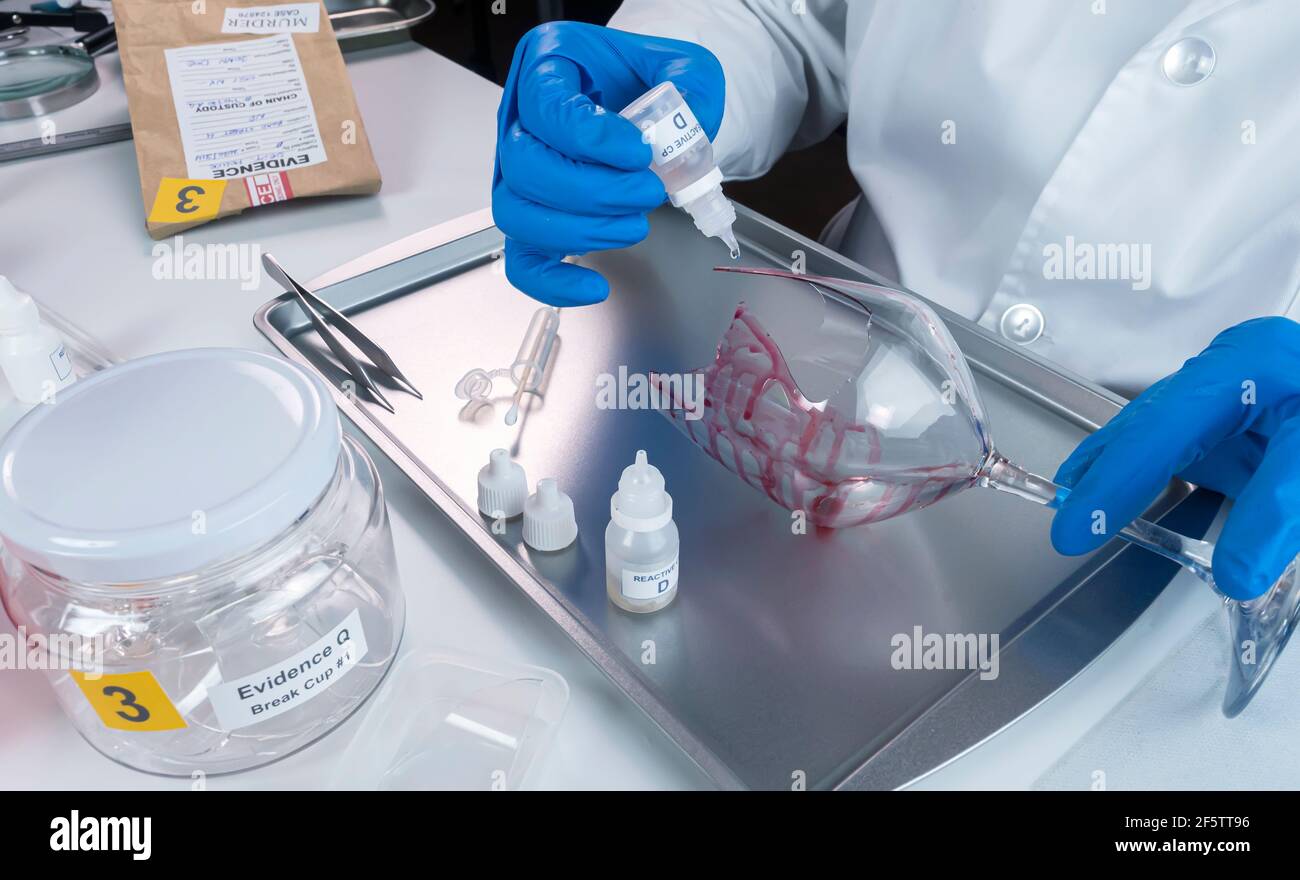 Esperto di polizia diventa campione di sangue dalla rottura di un vaso di vetro in laboratorio Criminalistic, immagine concettuale Foto Stock