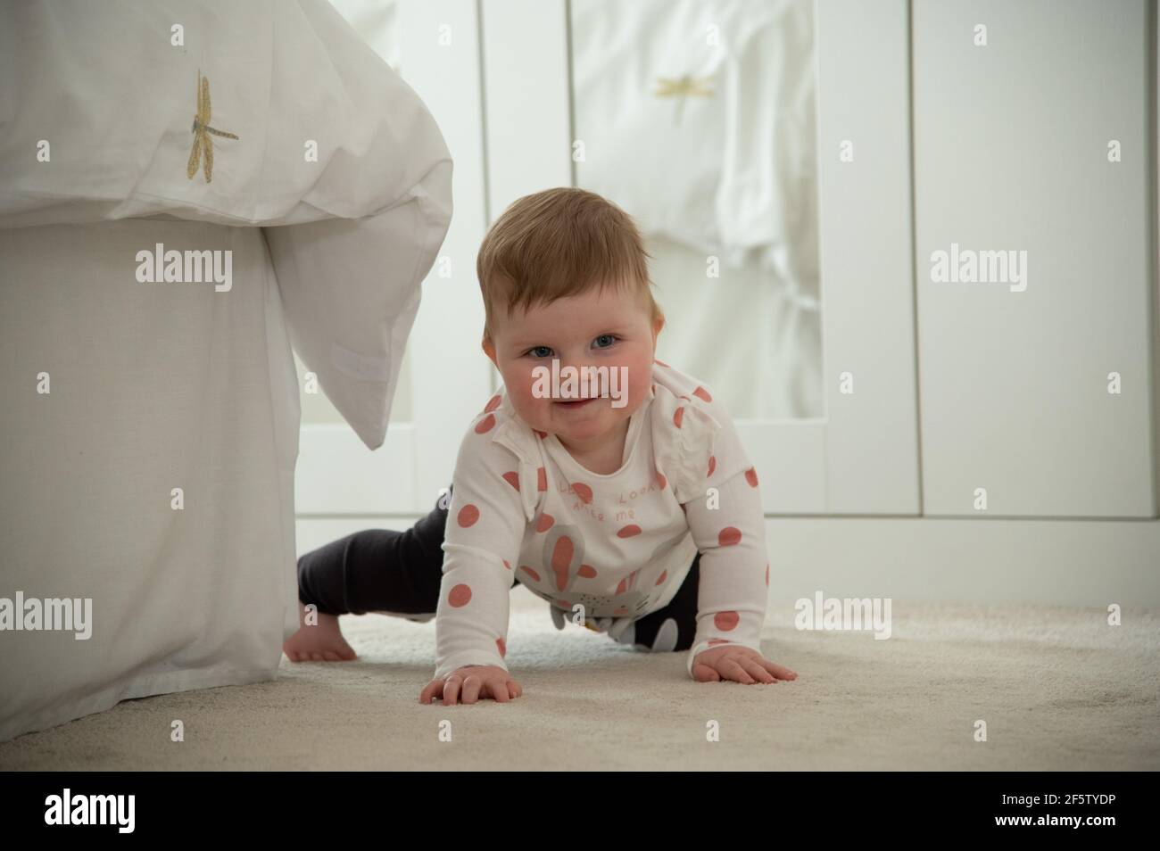 Un bambino di 10 mesi che impara a strisciare su tutti fours Foto Stock