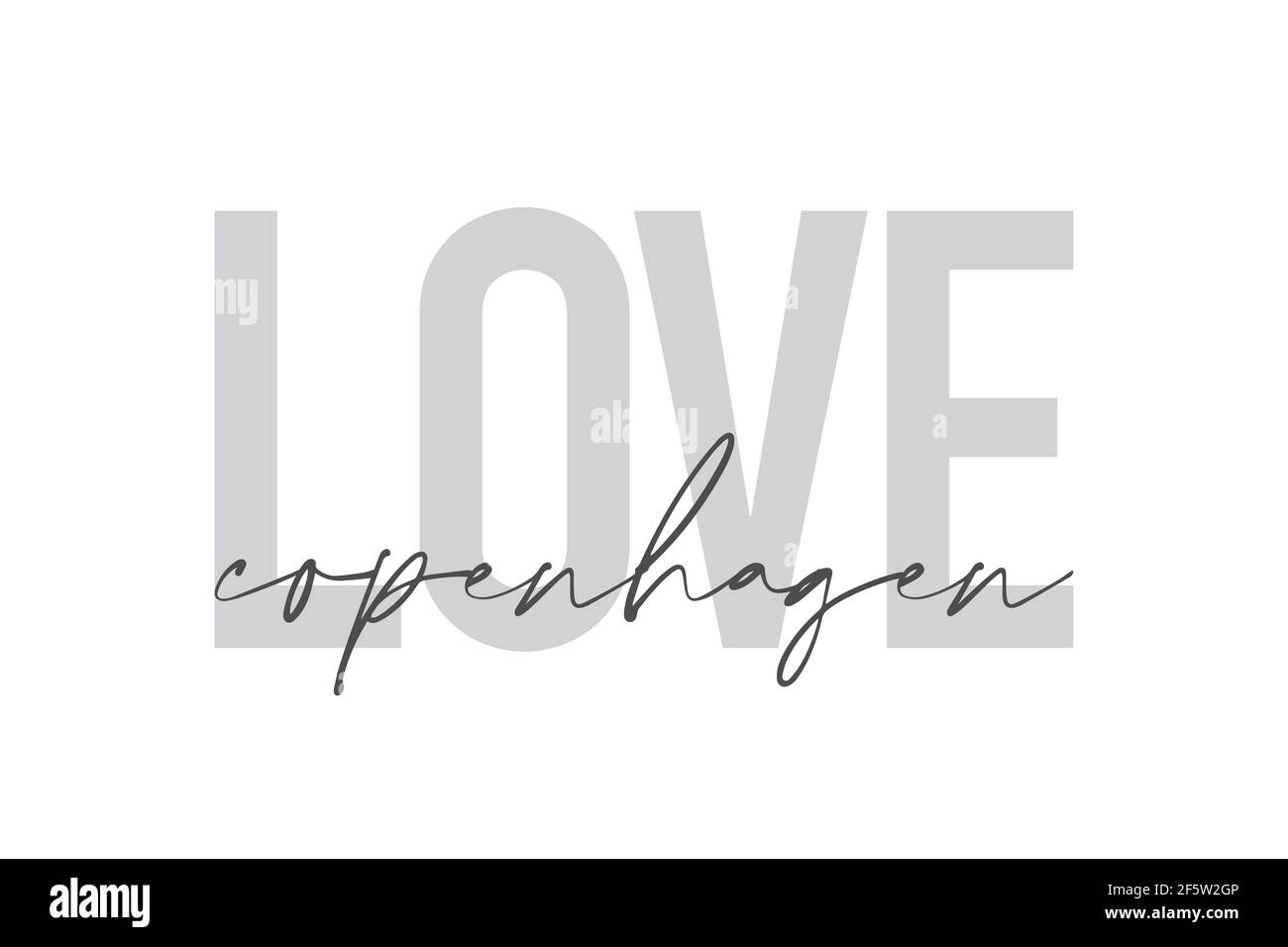 Design grafico moderno, urbano e semplice di un detto 'Love Copenhagen' in colori grigi. Tipografia trendy, fredda, manoscritta Foto Stock