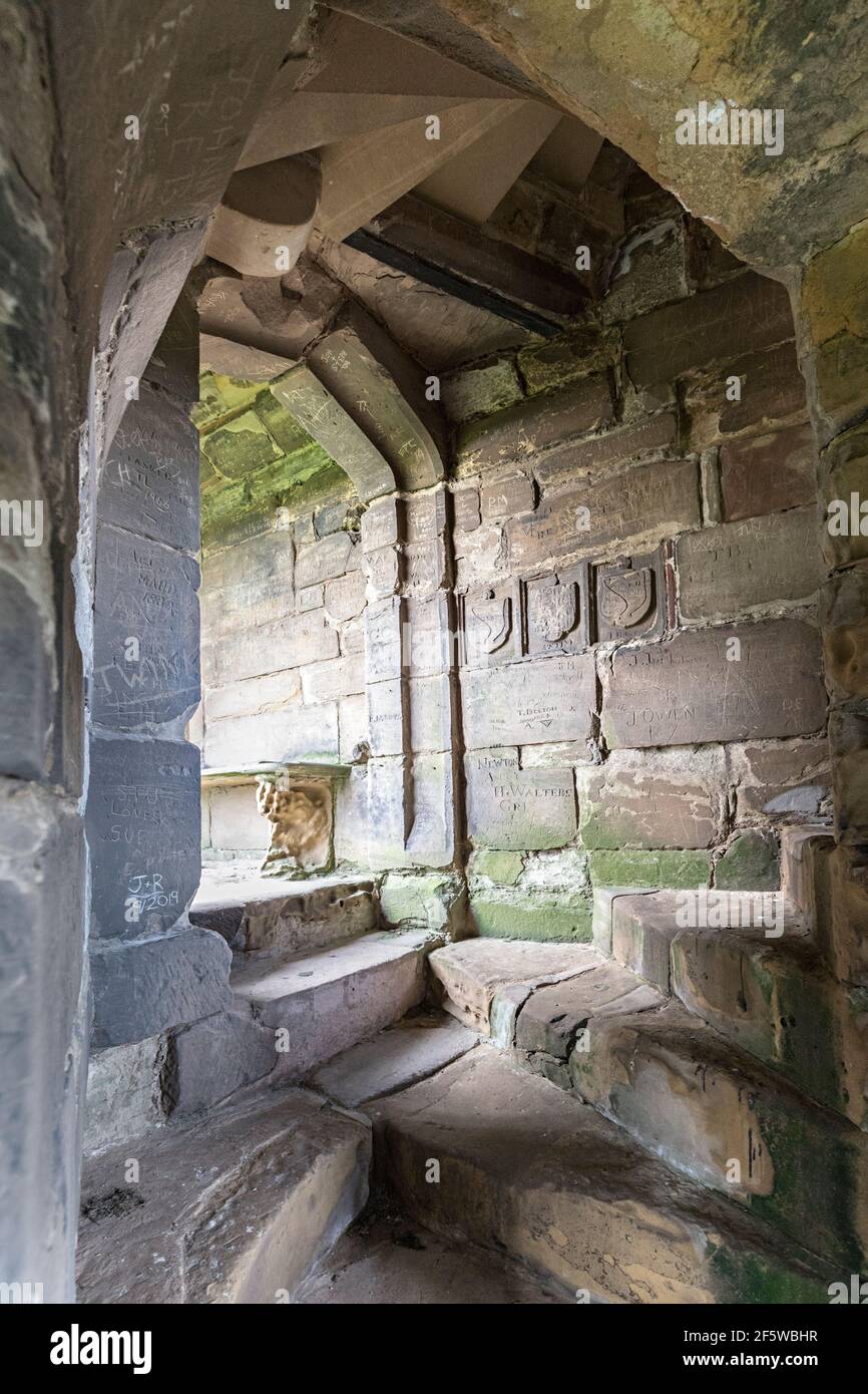Stemma di famiglia scolpito nella parete della scala, nella Grande Torre, Ashby de la Zouch Castle, Leicestershire, Inghilterra, Regno Unito Foto Stock