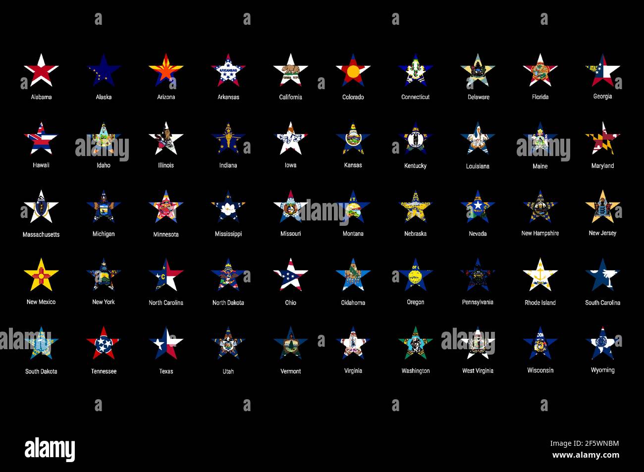 USA American dichiara tutte le bandiere in ordine alfabetico. Tutti i 50 flag vettoriali degli Stati Uniti impostati. Pulsanti di segnalazione a forma di stella con tutti i nomi degli stati. Illustrazione Vettoriale