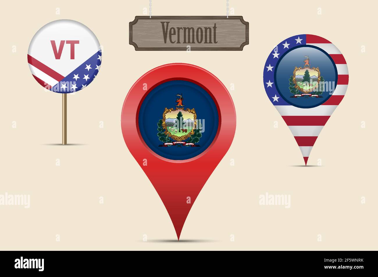 Vermont Stati Uniti, bandiera rotonda. Puntino mappa, marcatore mappa rosso, puntatore posizione. Cartello in legno appeso in stile vintage. Illustrazione vettoriale. Stelle americane e st Illustrazione Vettoriale