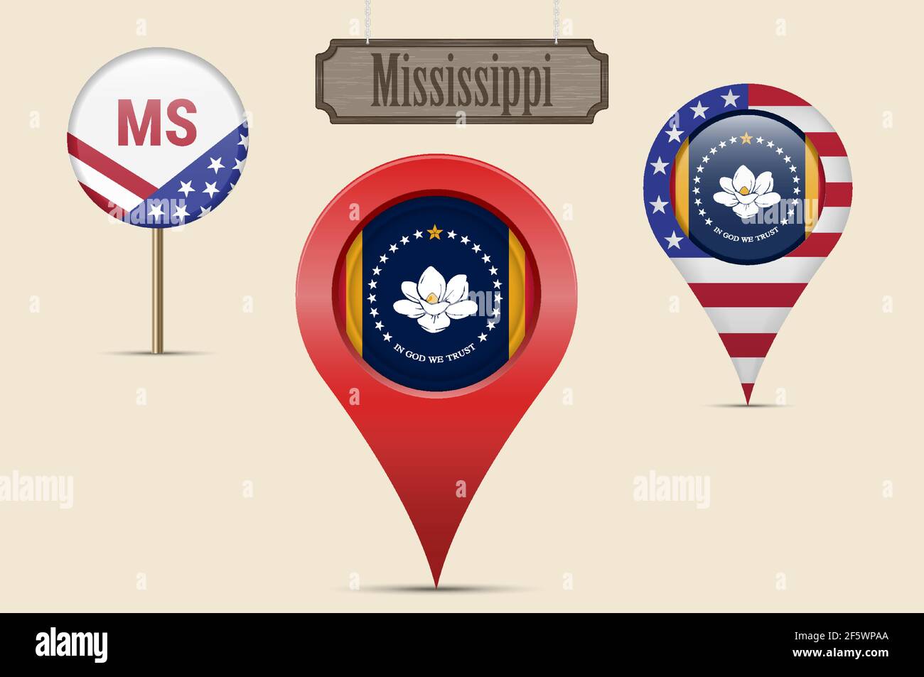 Stato del Mississippi, bandiera rotonda. Puntino mappa, marcatore mappa rosso, puntatore posizione. Cartello in legno appeso in stile vintage. Illustrazione vettoriale. Stelle americane An Illustrazione Vettoriale