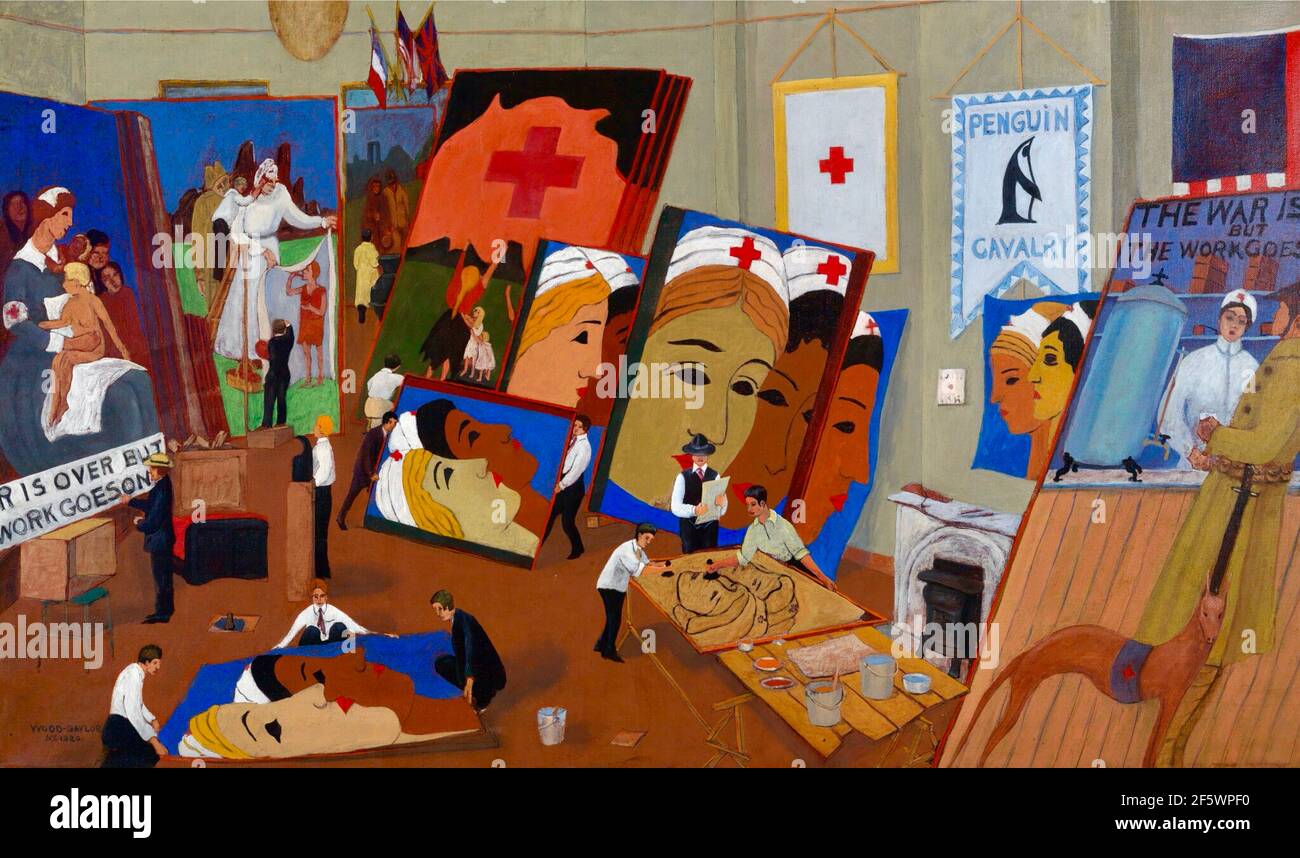 Legno Gaylor opera d'arte intitolata Croce Rossa. Un gruppo di artisti lavora insieme nella produzione di poster per la Croce Rossa. Foto Stock