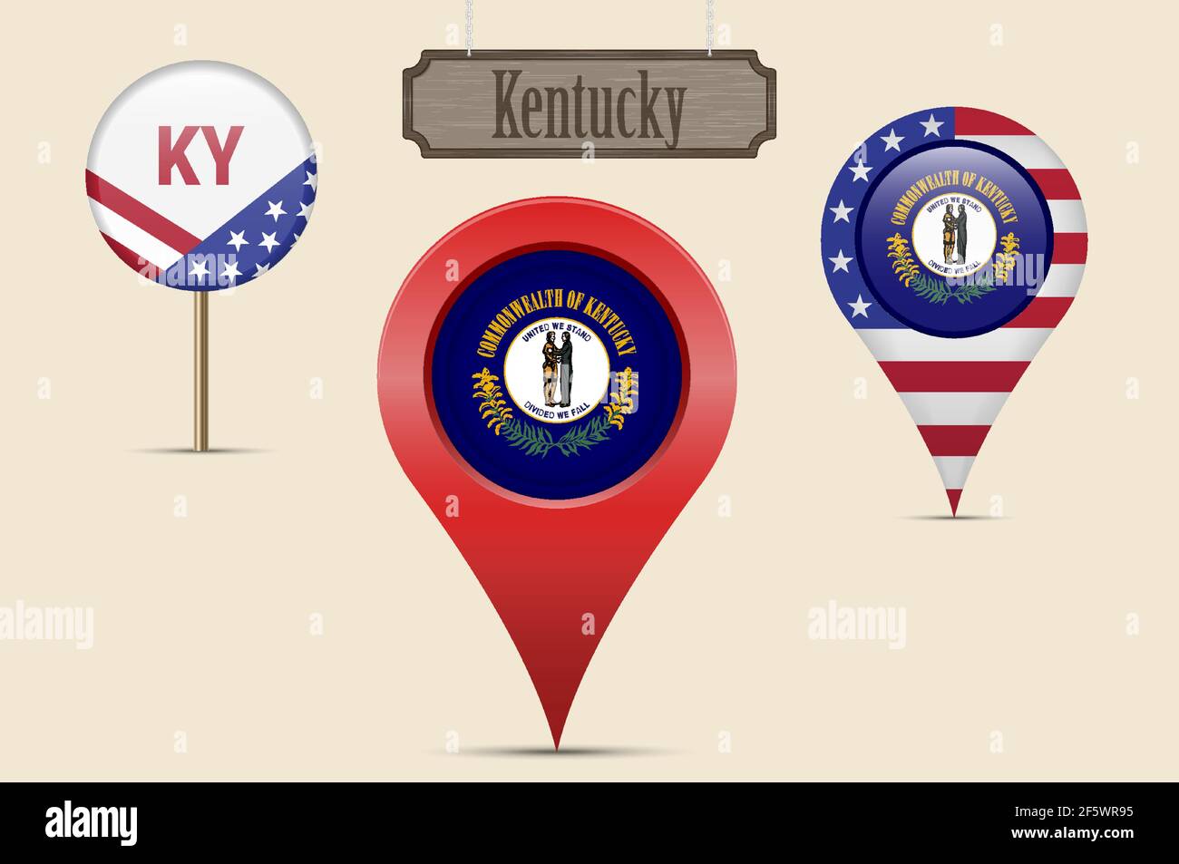 Stato del Kentucky, bandiera rotonda. Puntino mappa, marcatore mappa rosso, puntatore posizione. Cartello in legno appeso in stile vintage. Illustrazione vettoriale. Stelle americane e s. Illustrazione Vettoriale