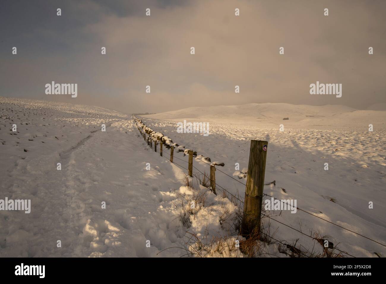 Durante il tragitto per Hart cadde da Devil's Beef Tub, Moffat, colline coperte di neve, Dumfries e Galloway, Scozia del sud-ovest. Foto Stock