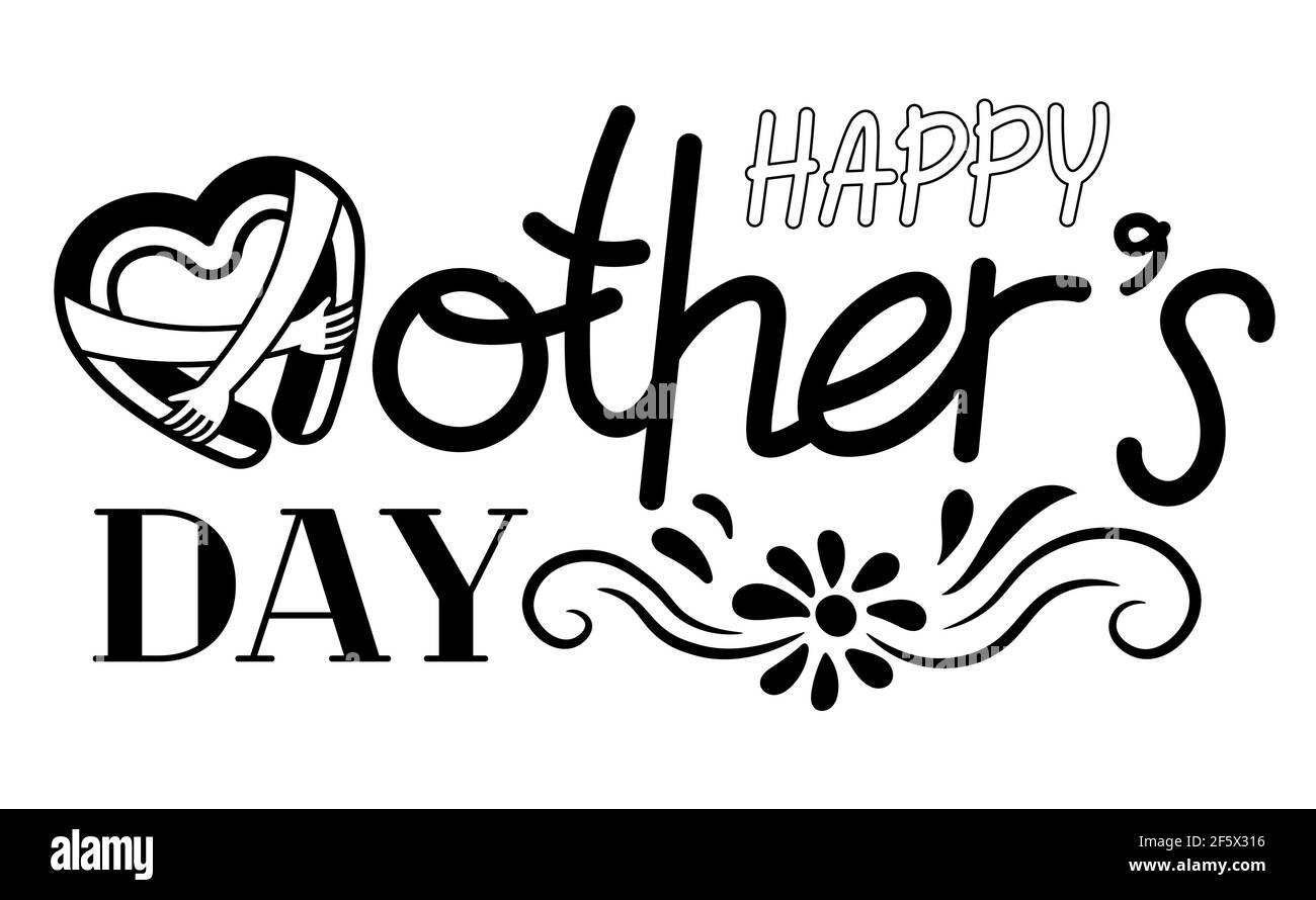 Happy Mothers Day, lettere e tipografia a mano, con simbolo del cuore che tiene la mano, liistura vettoriale. Illustrazione Vettoriale