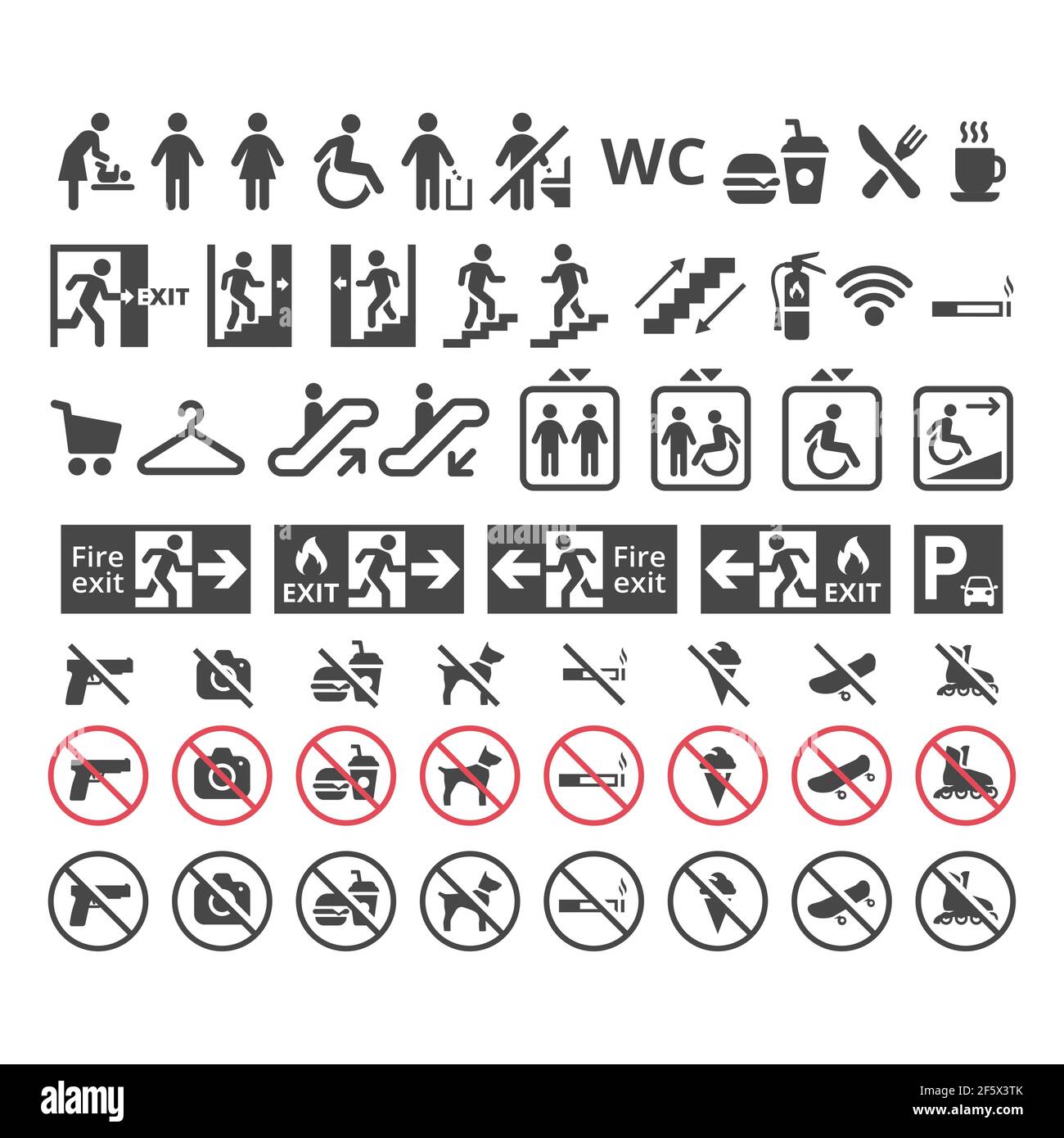 Informazioni sul centro commerciale o sul centro commerciale, set di cartelli vettoriali. Cartelli pubblici per ristoranti, servizi igienici, ascensori, uscite antincendio. Illustrazione Vettoriale