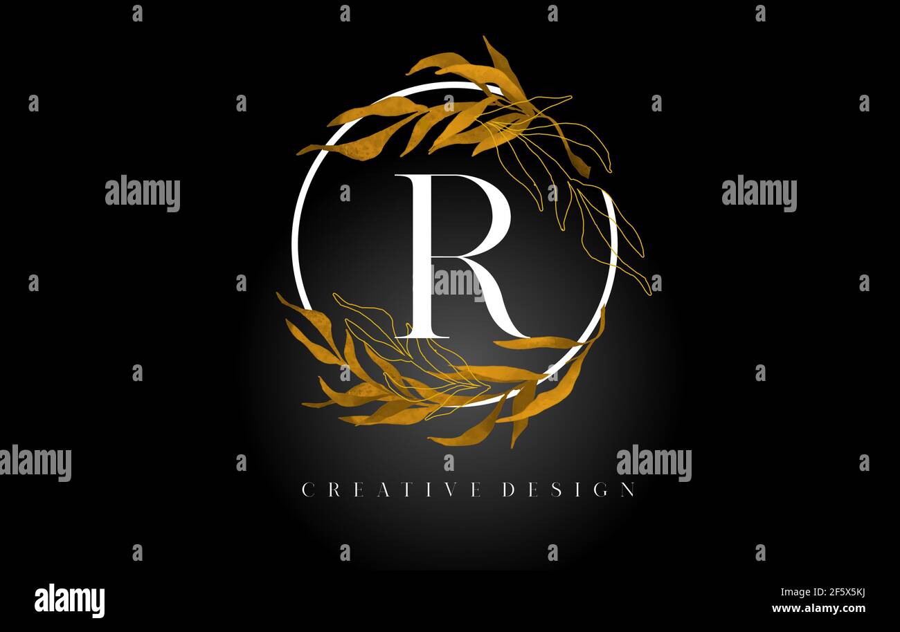 Logo Letter R con foglia d'oro e linee monoline d'oro. Logo lettera R per prodotti cosmetici di bellezza naturale. Illustrazione Vettoriale