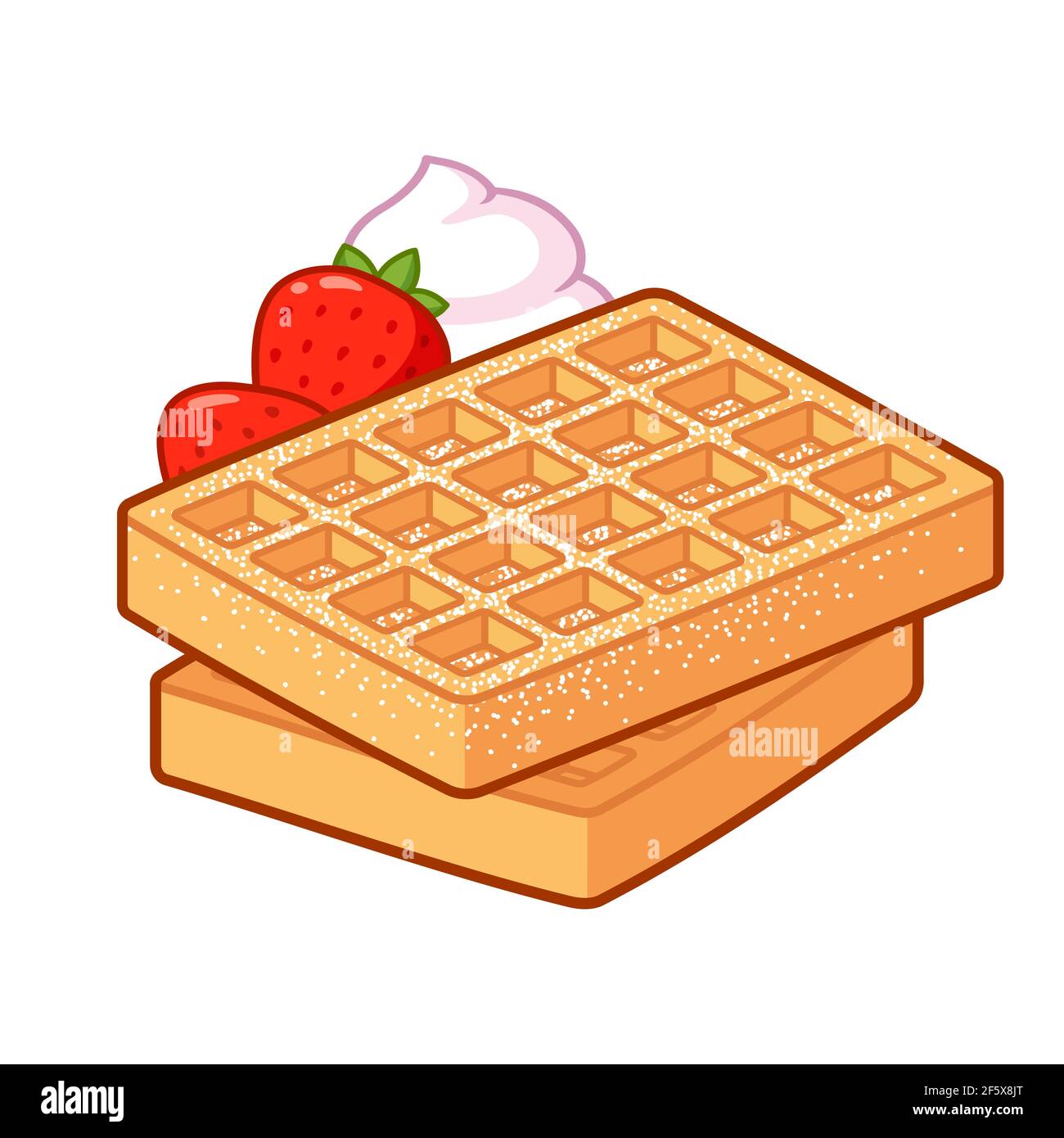 Waffle belgi con zucchero in polvere, panna montata e fragole. Illustrazione tradizionale del cibo per la colazione. Disegno di clip art di Cartoon. Illustrazione Vettoriale