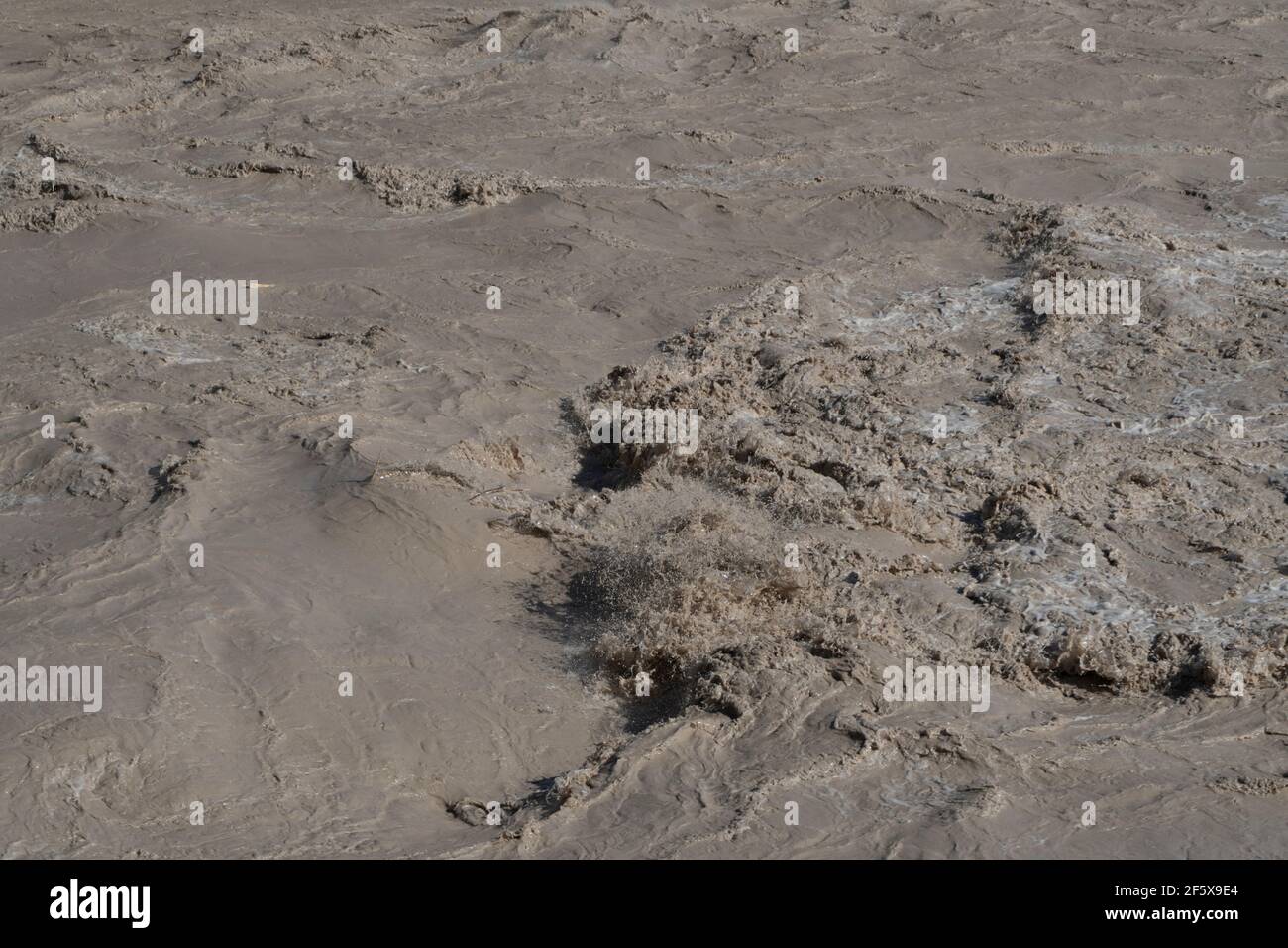 L'acqua del fiume rigonfia in Flood dopo Heavy Rain trasporta fango Vicino alla bocca Foto Stock