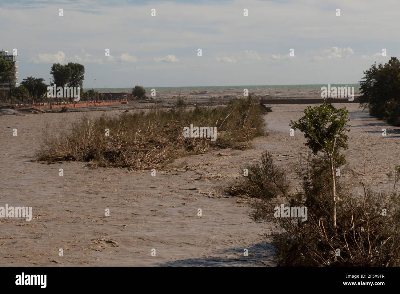 L'acqua del fiume rigonfia in Flood dopo Heavy Rain trasporta fango Vicino alla bocca Foto Stock