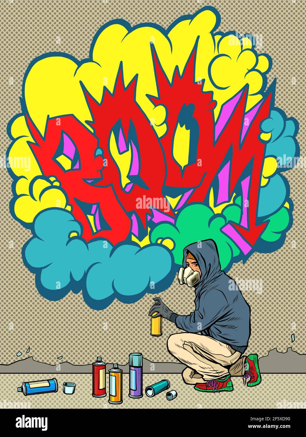 Un ragazzo adolescente disegna un'immagine graffiti del tag boom. street art Illustrazione Vettoriale