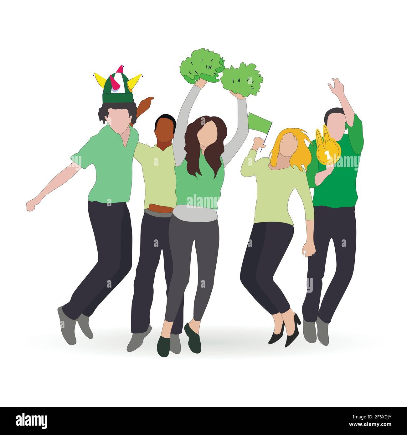 Tifosi di calcio folla con sciarpa colorata godere e eccitante, raffreddamento pubblico fantastico, vettore spettatore squadra con squadre di parafernalia, illustrazione felice Illustrazione Vettoriale