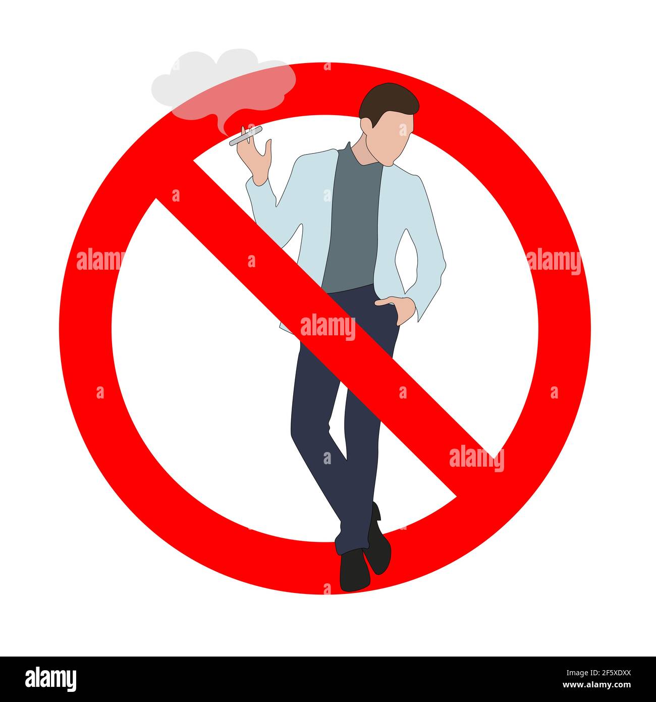 Divieto di fumare in luogo pubblico, vietato e-sigaretta e vape, persona attraversata, malsana abitudine, proibire e vietare il fumo Illustrazione Vettoriale