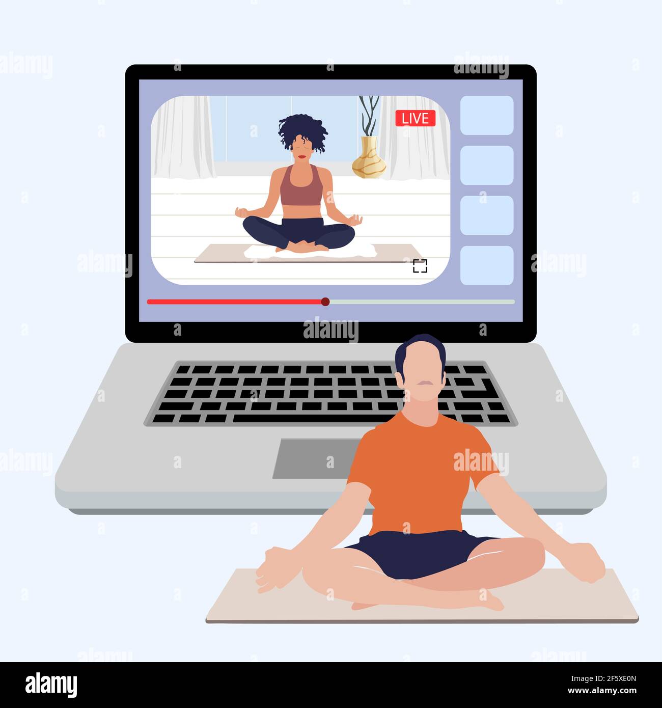 Meditazione yoga online, sport live streaming, allenamento dal vivo, posa fitness. Lezione di illustrazione yoga, corpo asana, allenamento sportivo dal vivo, fitness posi Illustrazione Vettoriale