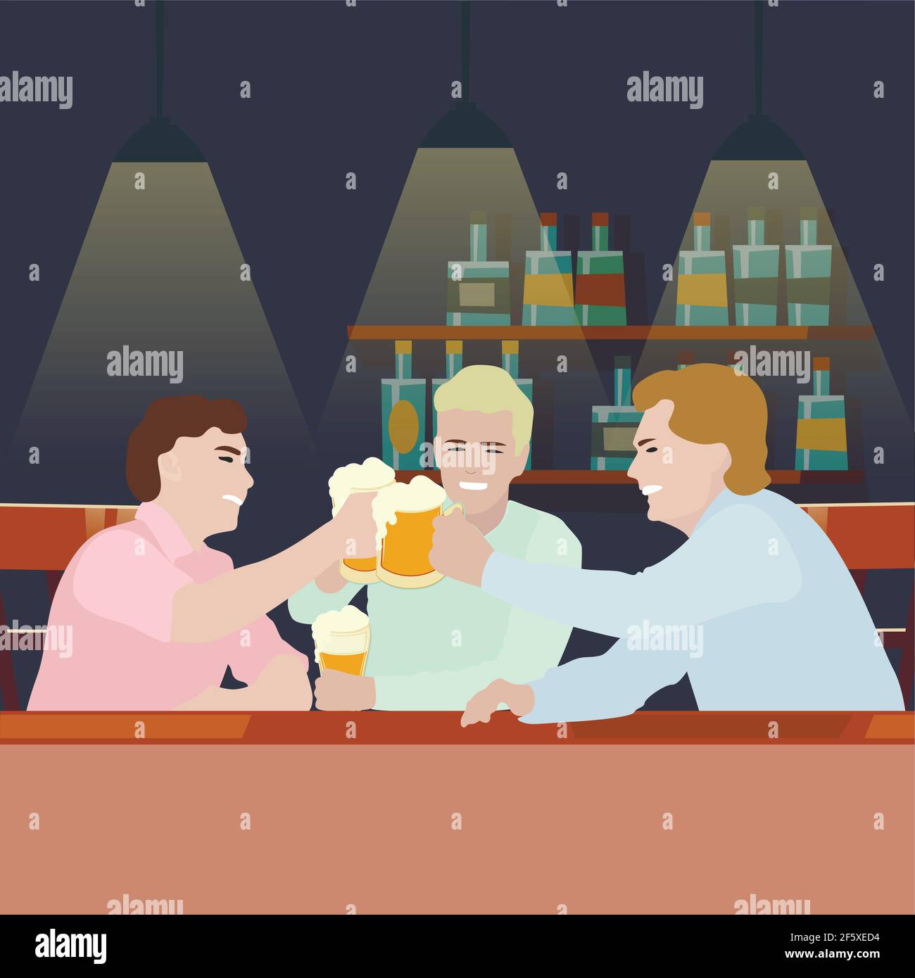 Uomo bere birra in pub, tazze con lager Grazie. Bere birra di vetro, bar interno e pub dopo una settimana di duro lavoro, festa di venerdì. Illustrazione vettoriale Illustrazione Vettoriale