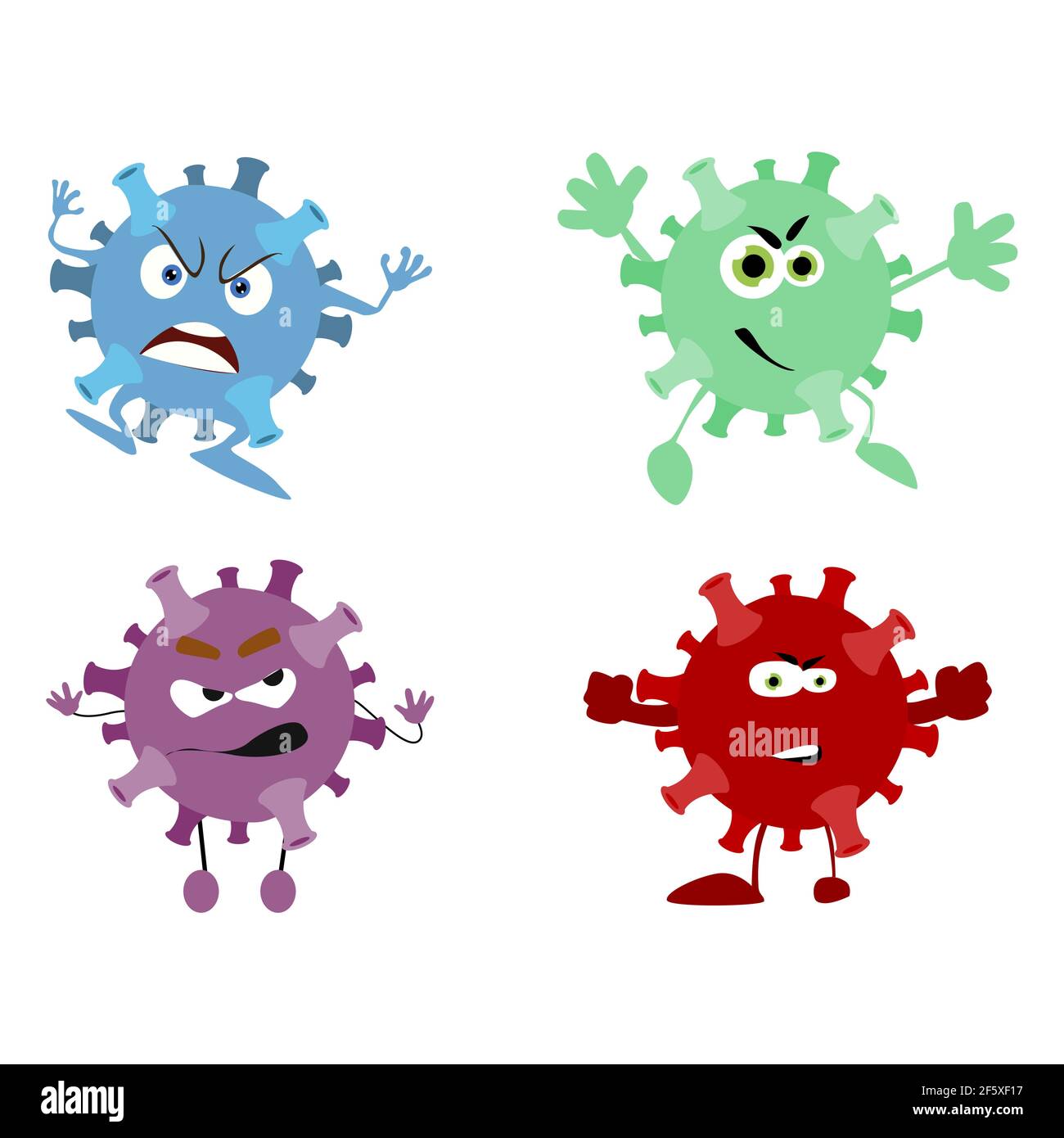 Virus carattere con mani e gambe. Set di batteri virus cartone animato, infezione influenzale malattia coronavirus, micro mascotte influenza Illustrazione Vettoriale