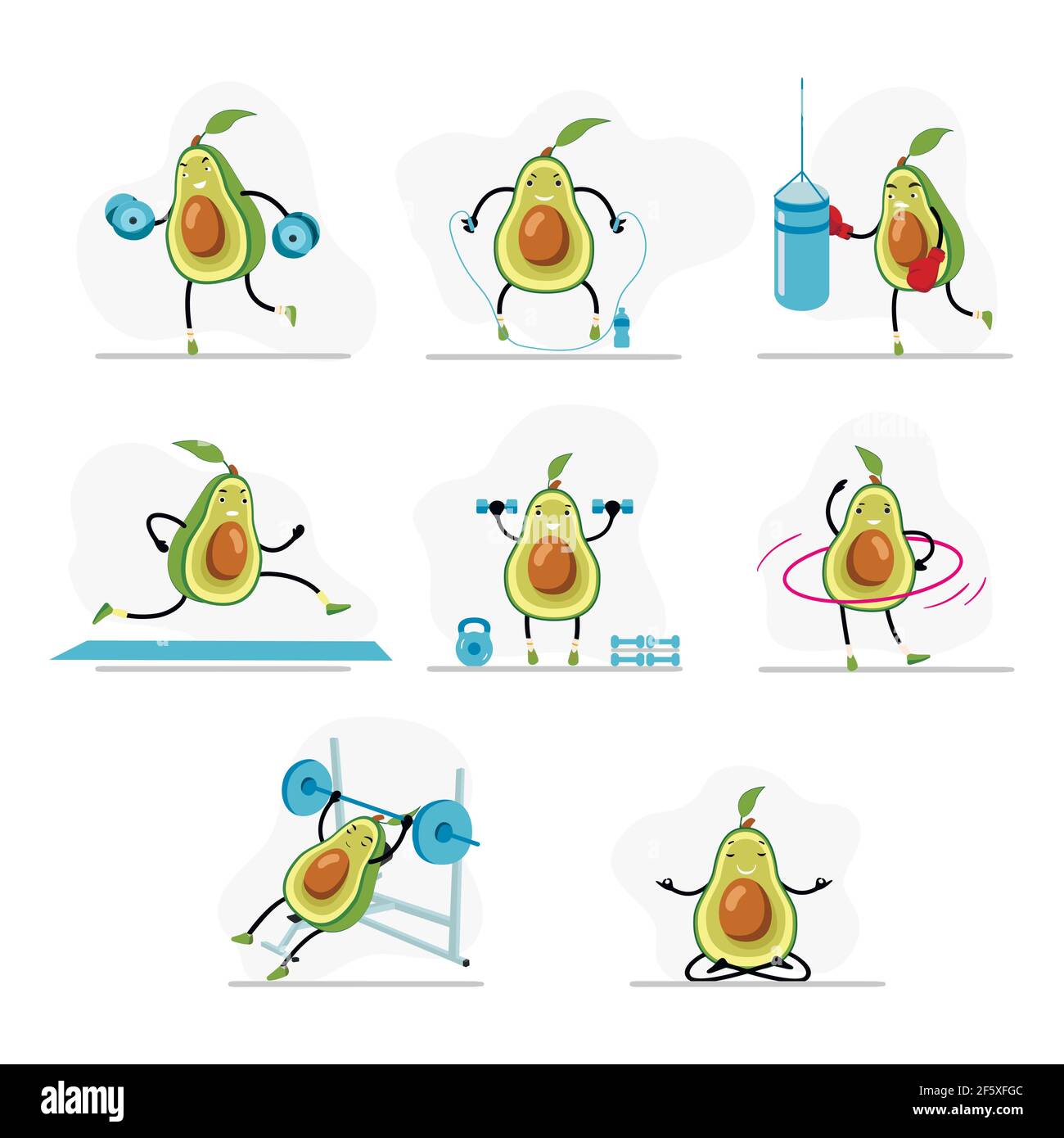 Avocado fare sport, yoga e corsa, carino carattere sano stile di vita, pugilato e saltando corda, meditazione e fare esercizi in palestra. Vettore avocado kawaii, Illustrazione Vettoriale