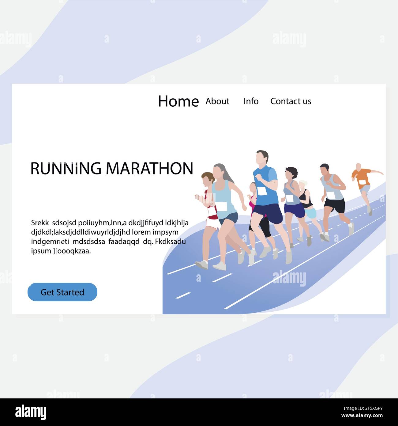 Landing page della maratona in esecuzione. Gara di maratona, esercizio di corsa, evento sportivo, corridore di fitness, gente di corsa femminile e maschile. Illustrazione vettoriale Illustrazione Vettoriale