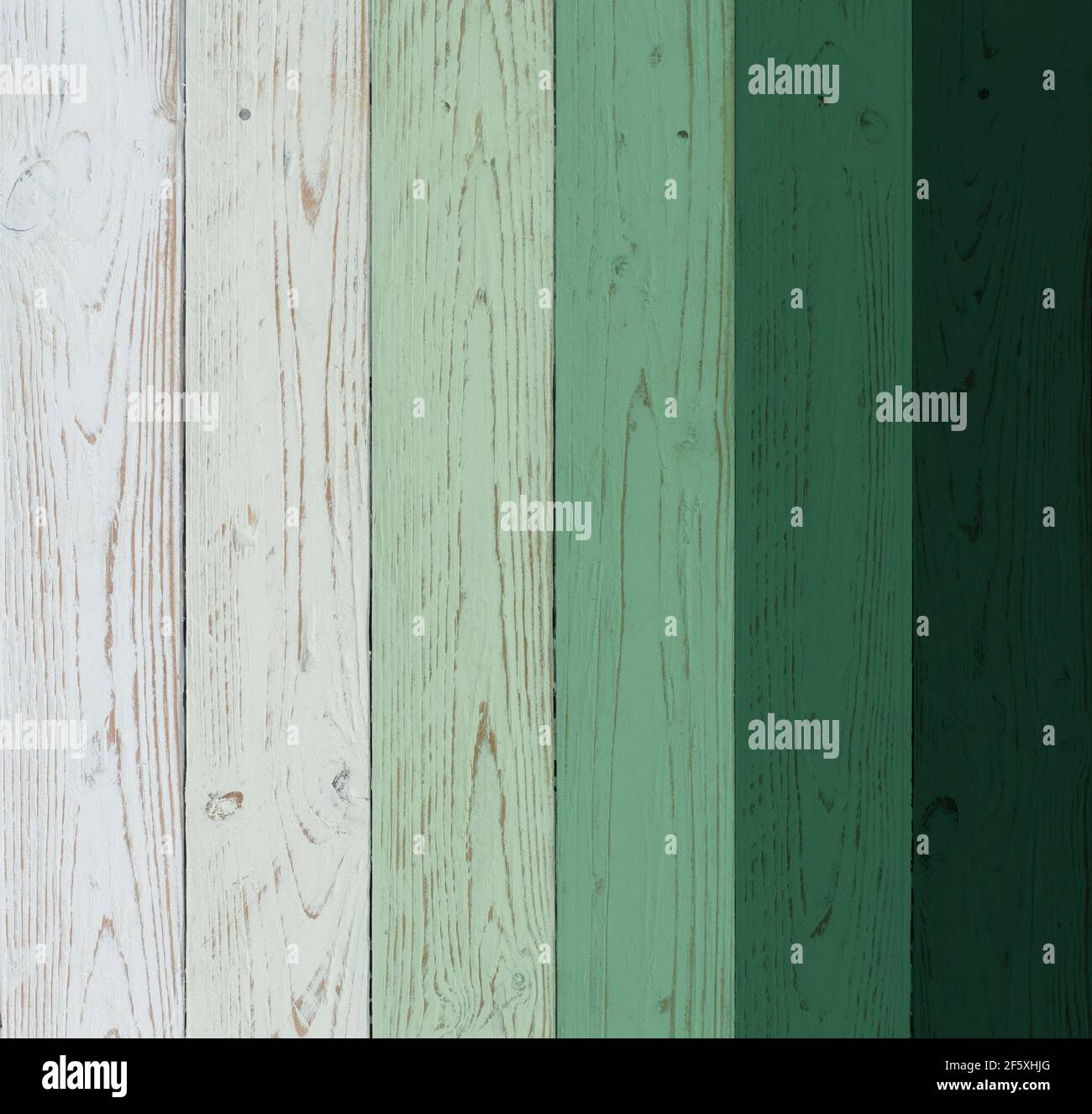 Uno sfondo in legno di 6 tavole verticali dipinte in sfumature di verde e menta. Sfondo per temi di nozze ed eventi in stile vintage. Foto Stock