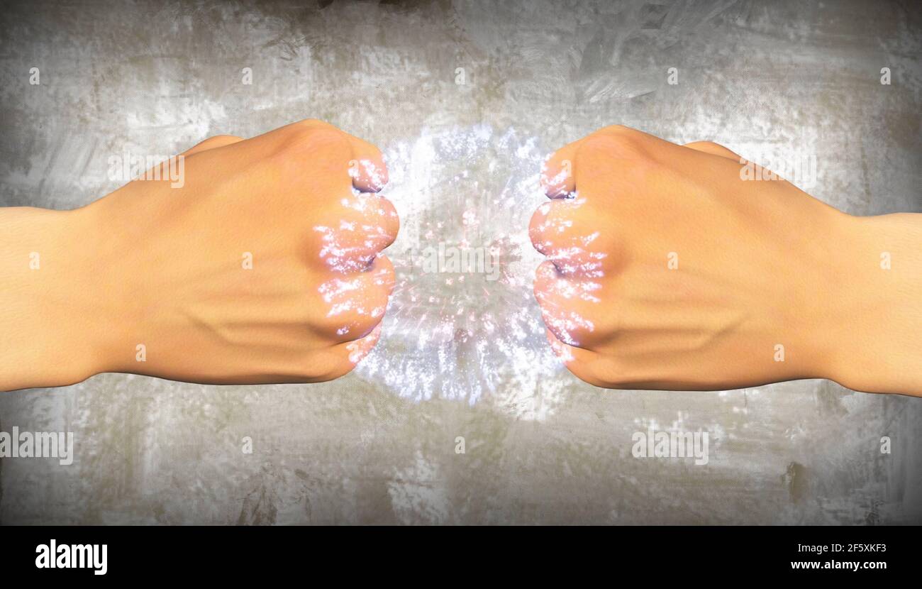 Le mani umane si scontrano. Prima lotta. rendering 3d. Foto Stock