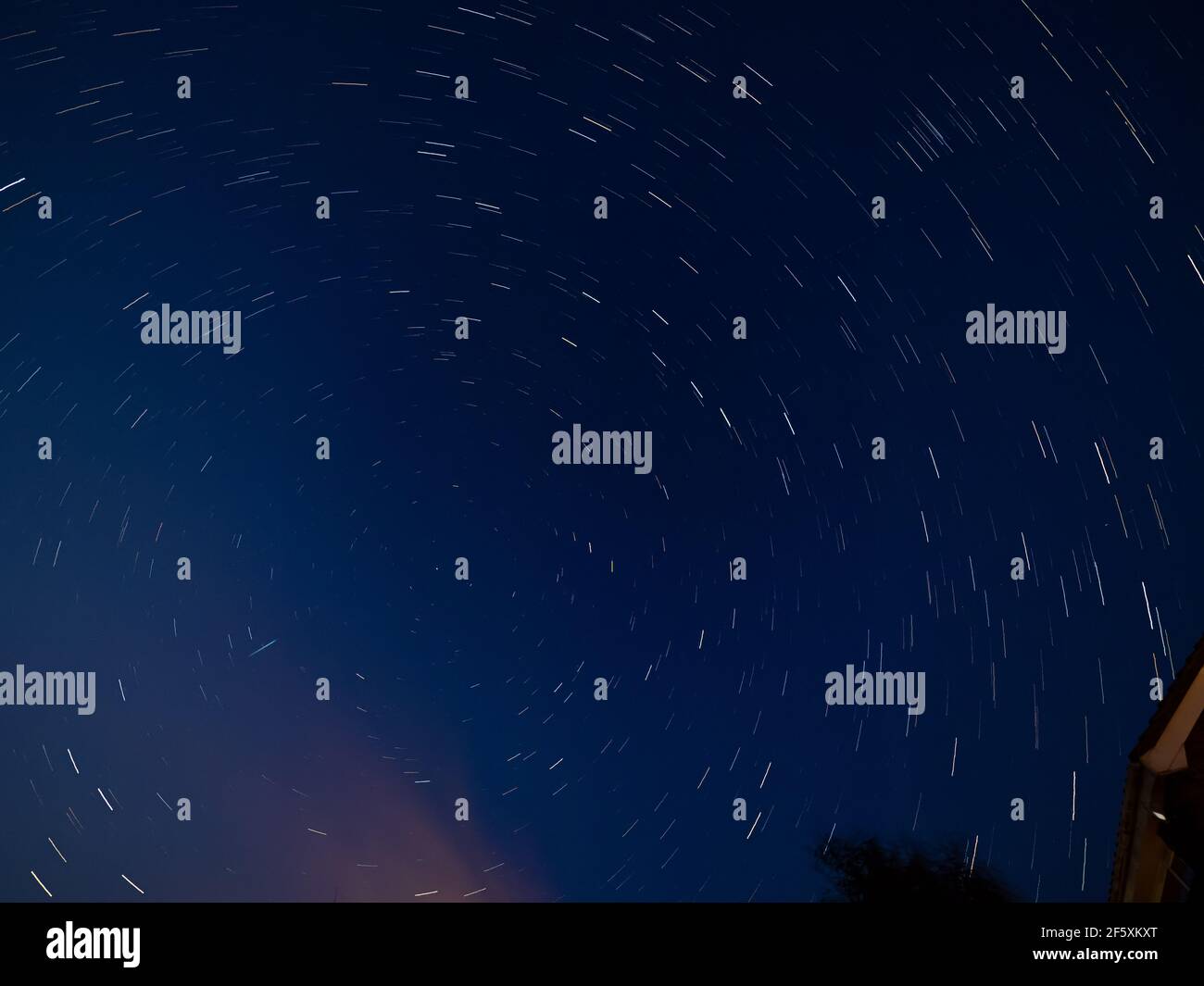 Star Trails nell'emisfero settentrionale con Polaris, Cloud e Meteor. Tetto della casa e cima dell'albero per la prospettiva. Foto Stock