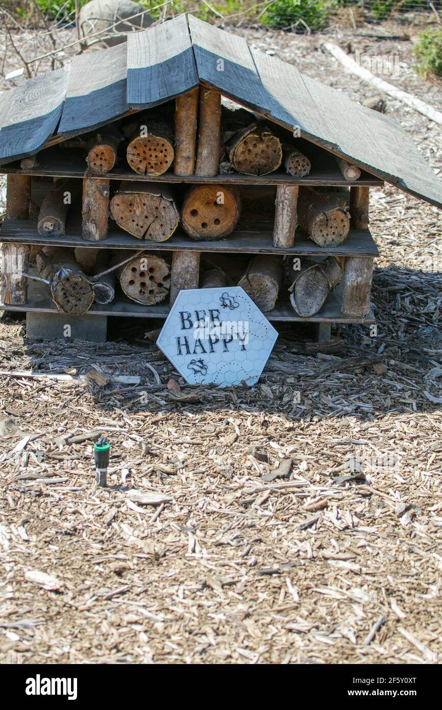 Bee Happy segno fuori Mason Bees casa. Una casa naturale boscosa con tronchi secchi forati per attrarre le api. Foto Stock