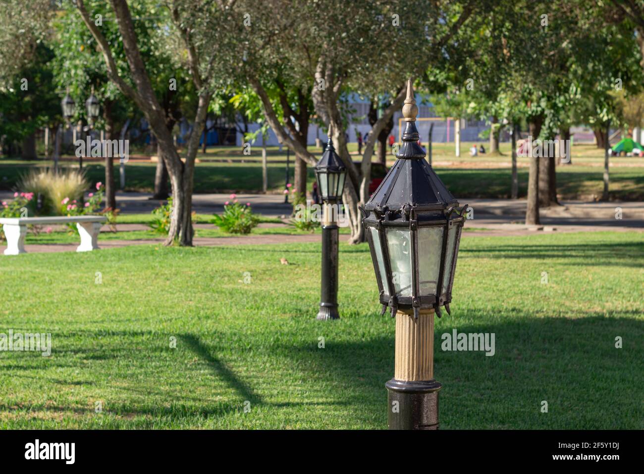 Parco cittadino senza persone in una giornata di sole durante il coronavirus. Foto Stock