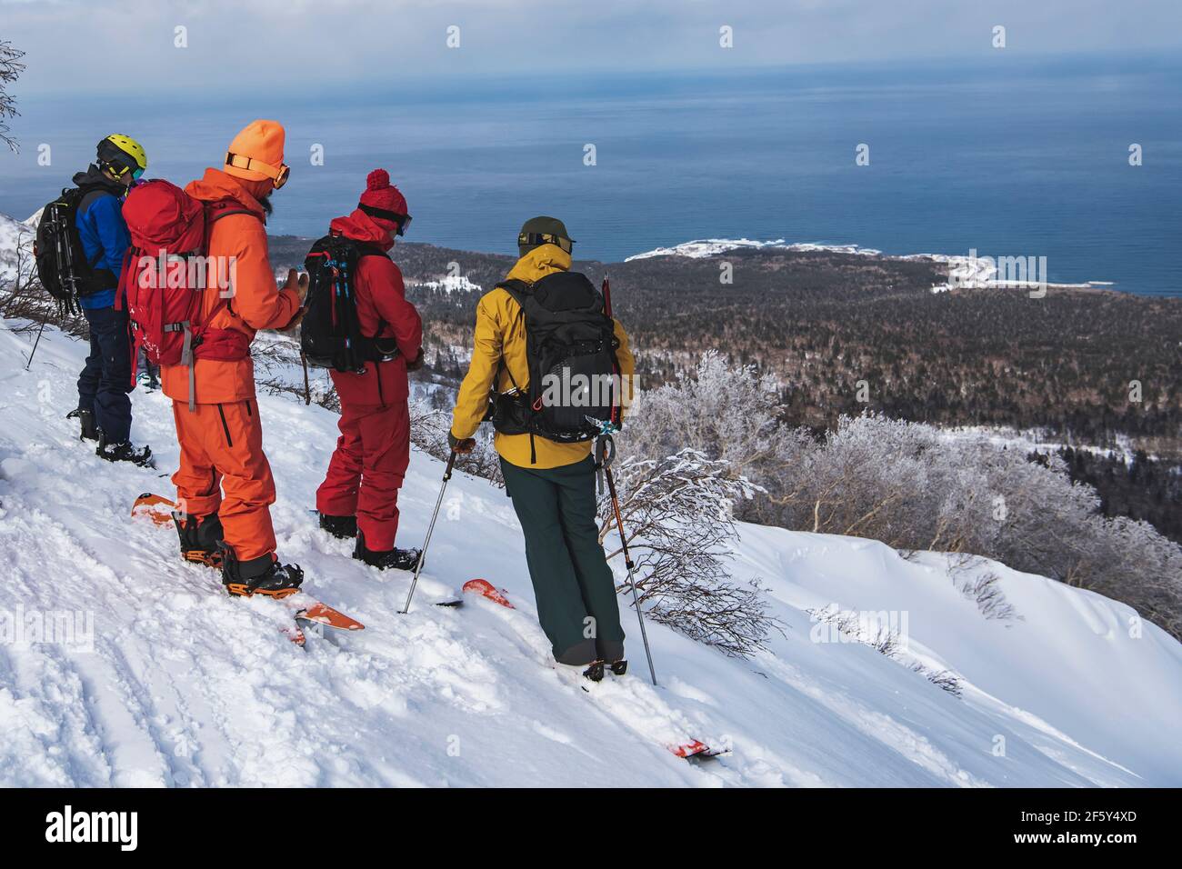 Persone in abiti caldi con tavole da neve che si affacciano sul paesaggio durante la vacanza Foto Stock