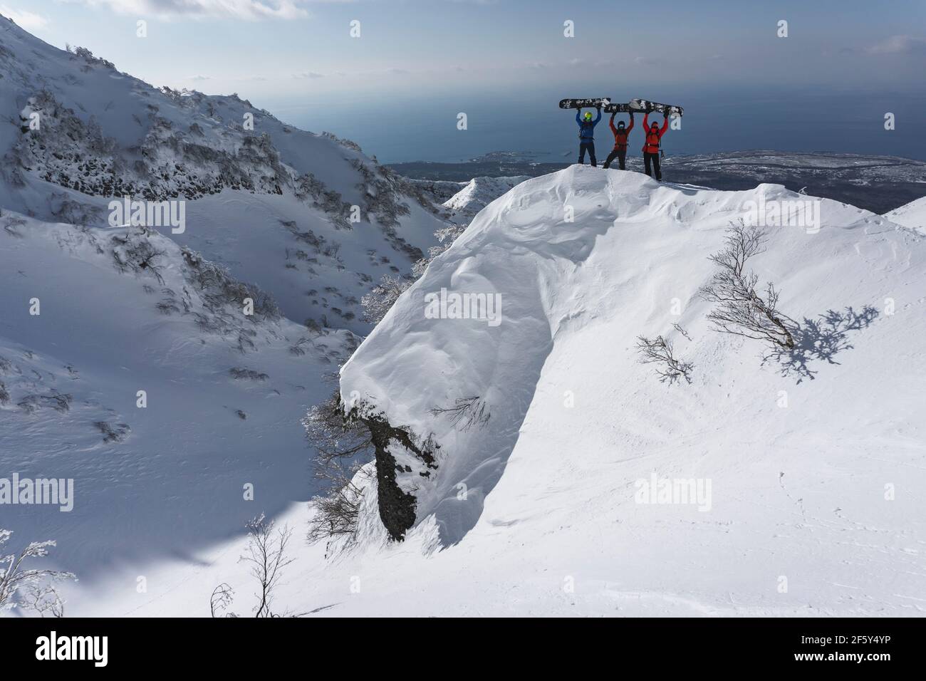 Persone con braccia sollevate che tengono tavole da neve mentre si è in piedi al coperto di neve vetta della montagna Foto Stock