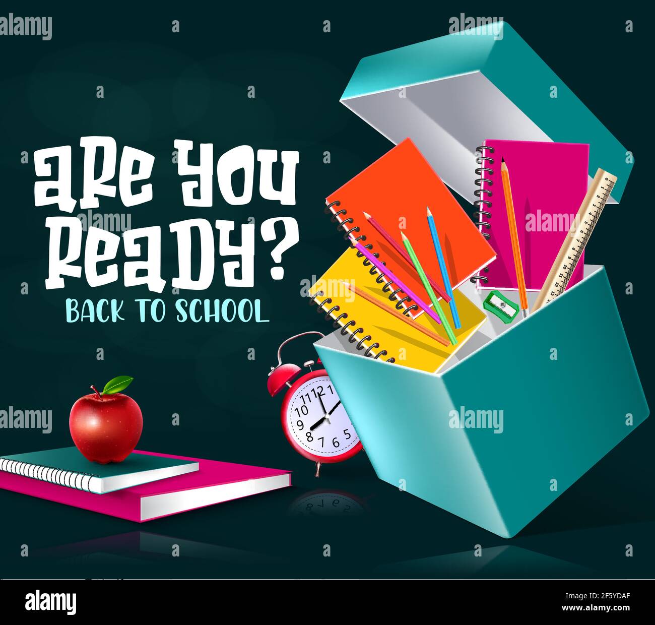 Torna alla scuola vettore banner design. Sei pronto a tornare al testo della scuola con elemento a casella aperta e materiali per studenti per lo studio di base. Illustrazione Vettoriale